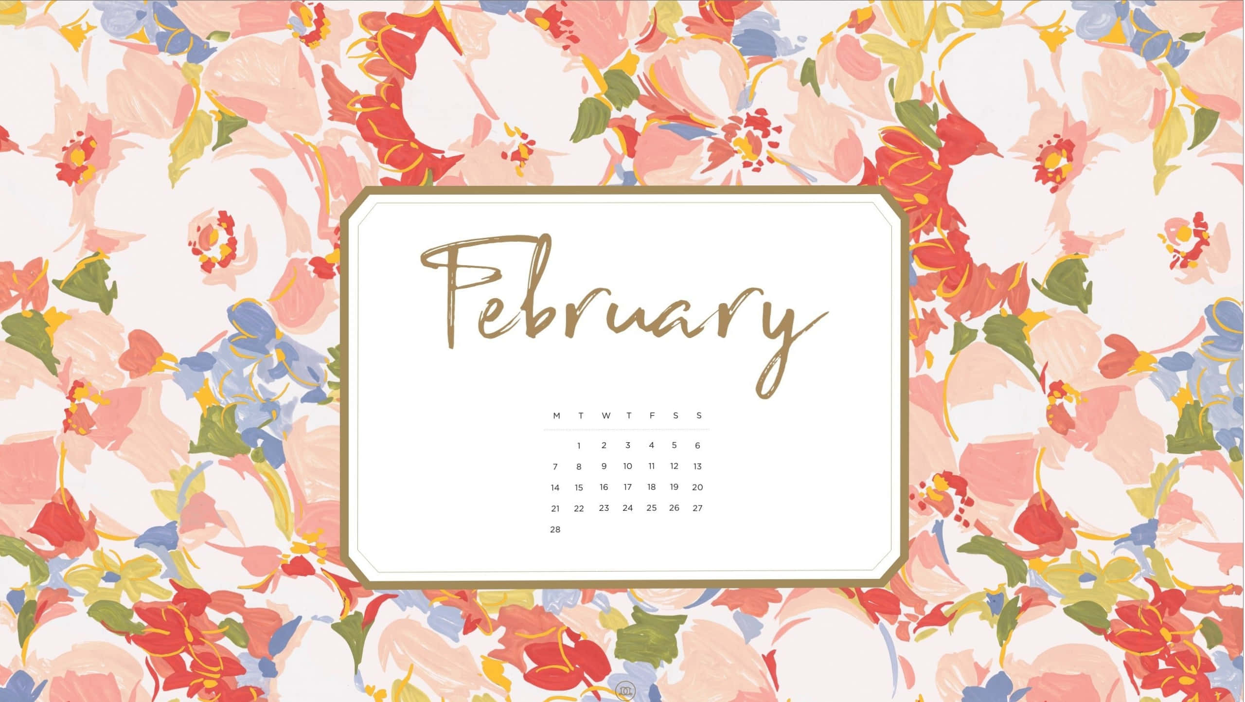 February calendar, gold frame, vibrant floral wallpaper, 2K Desktop Wallpaper