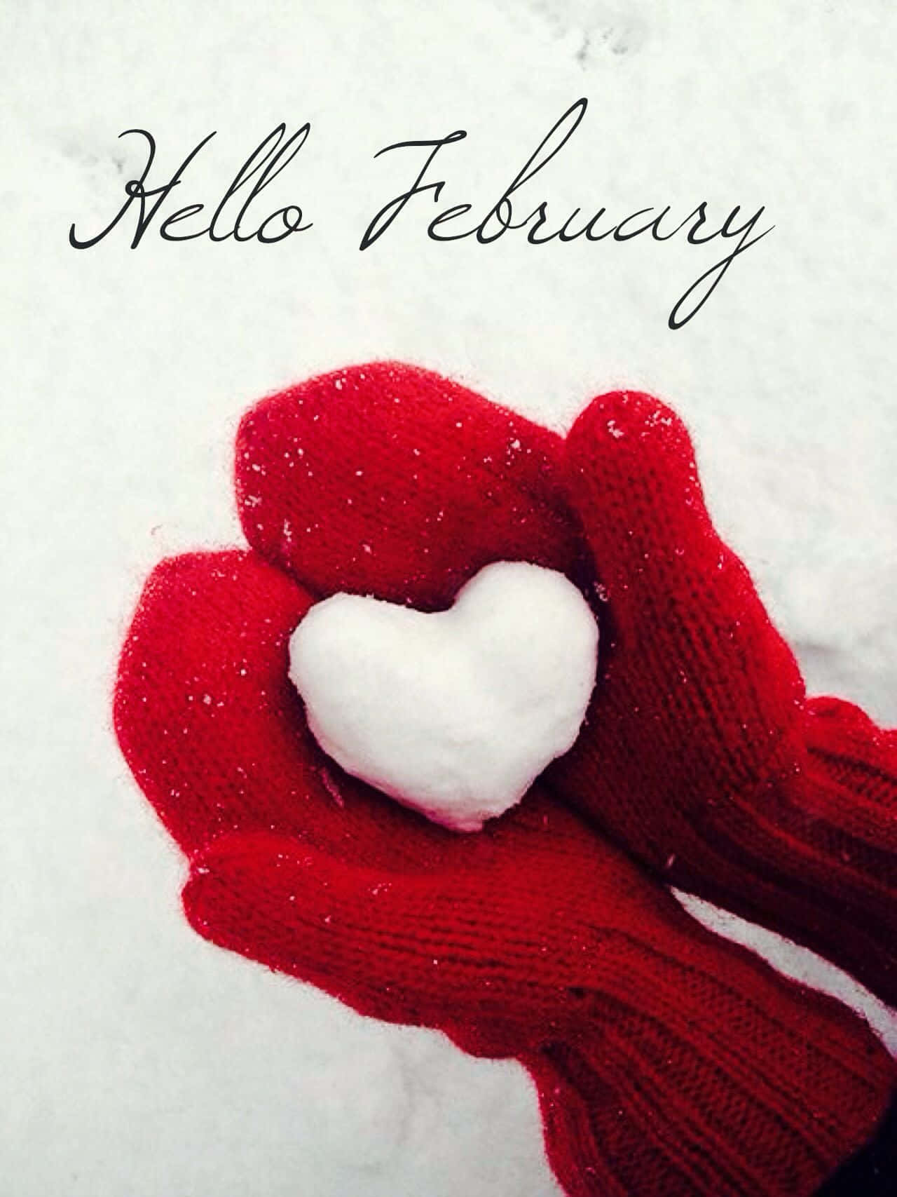 Hello February, red knitted mittens, heart-shaped snowball, HD Phone Wallpaper