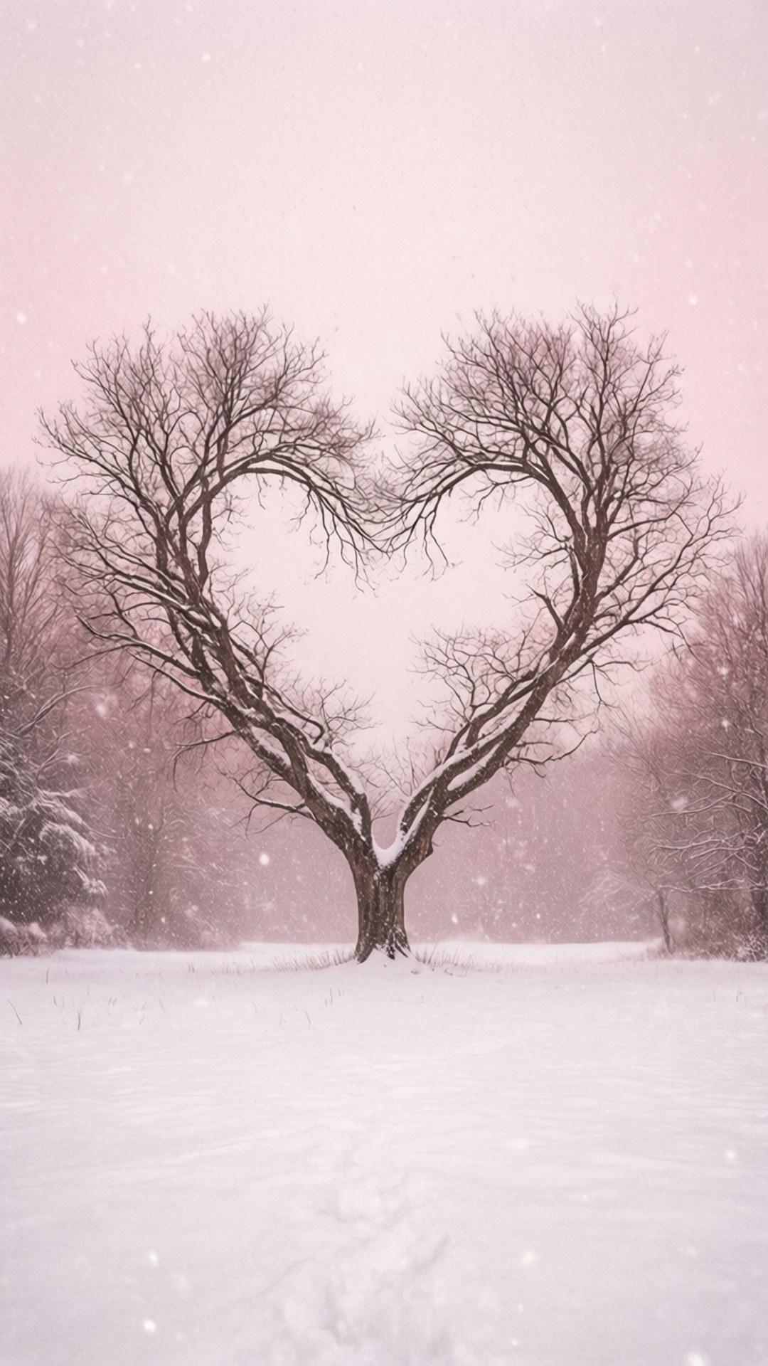 Snowy Heart Landscape, winter scene, trees forming a heart shape, Full HD Phone Wallpaper