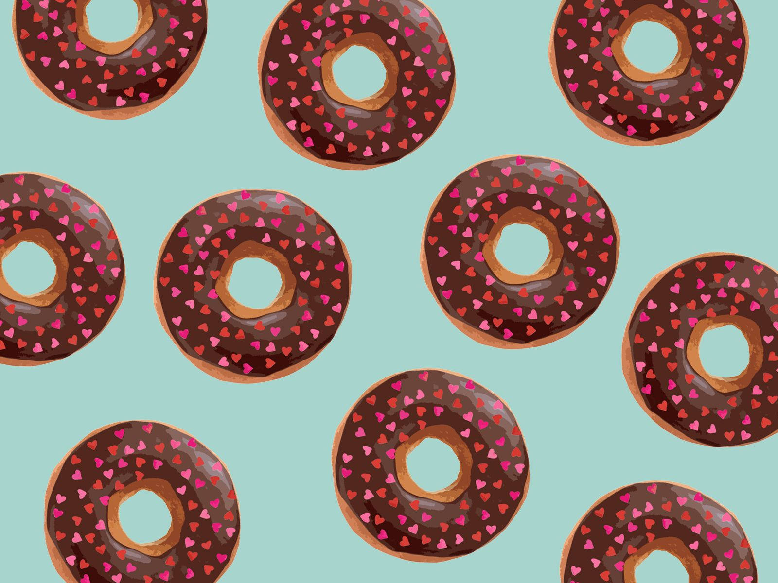 February, chocolate-glazed donuts, pink hearts, HD Desktop Wallpaper