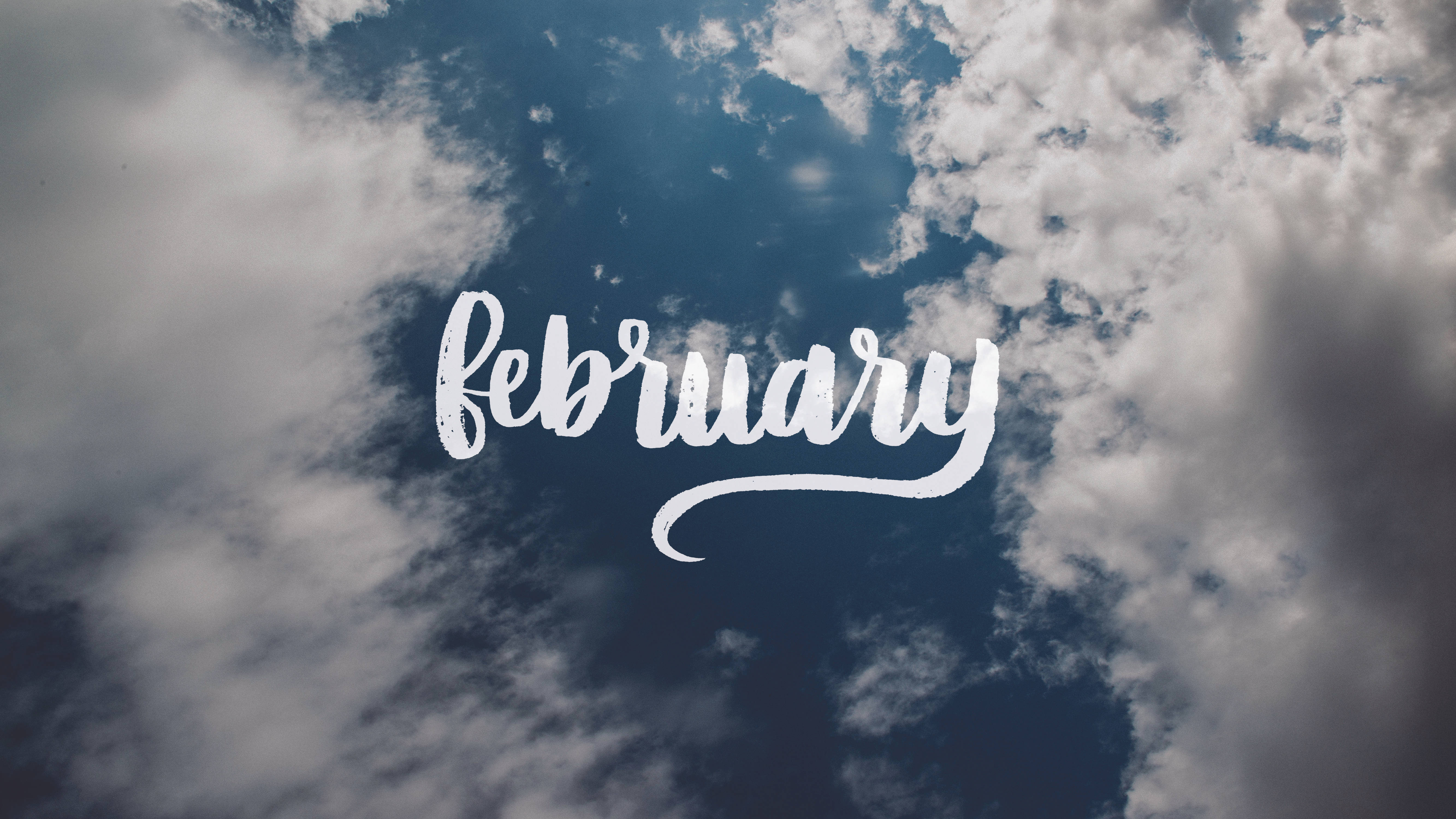 February, blue sky, white script, 5K Desktop Wallpaper