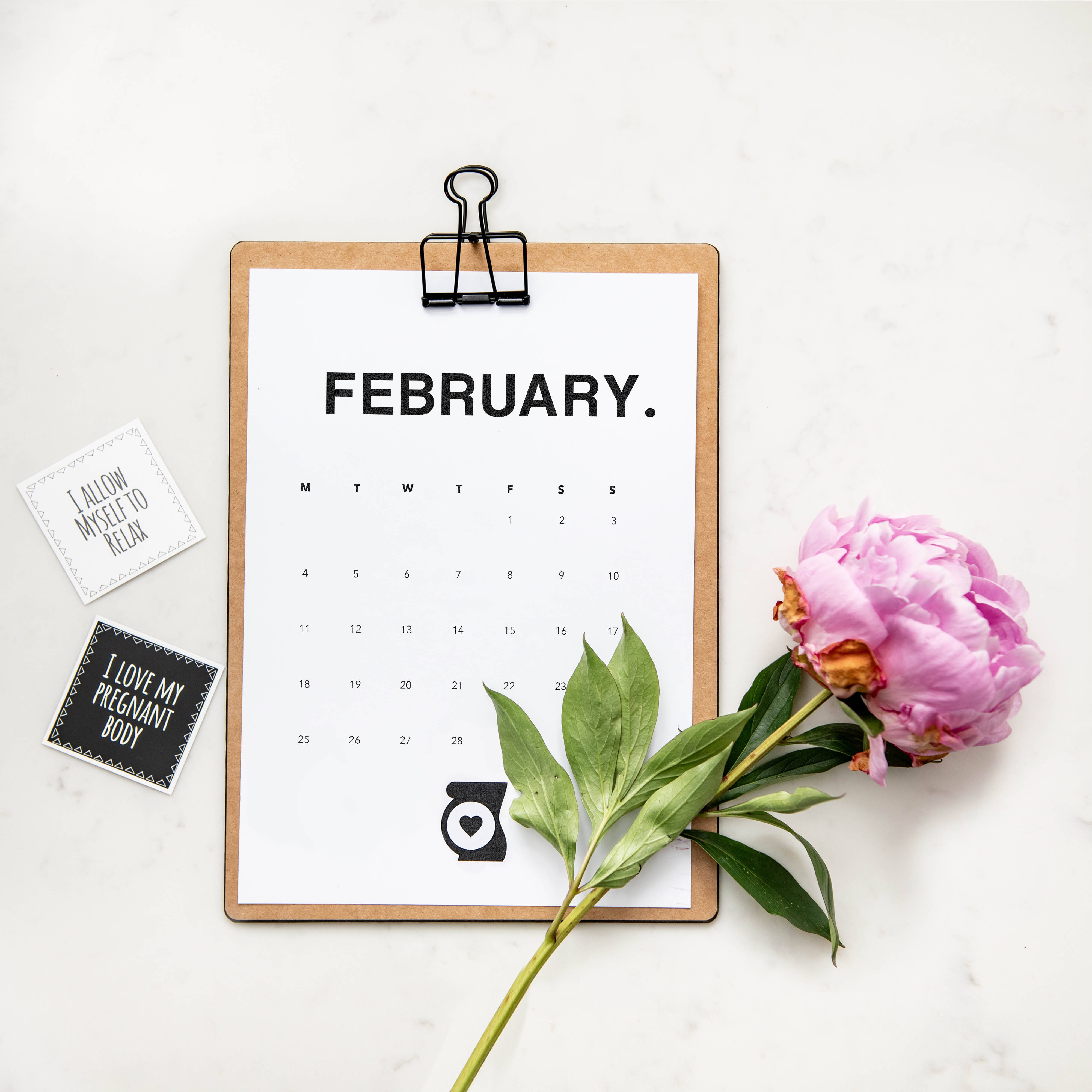 February calendar, pink peony flower, affirming cards, 4K Desktop Wallpaper
