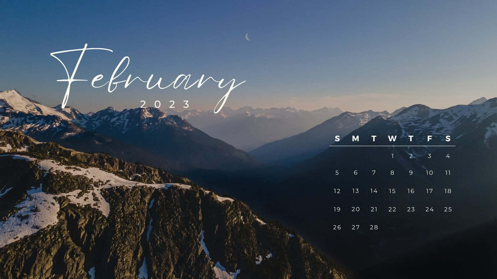 February 2023 calendar, snow-capped mountain range, twilight sky, HD Desktop Wallpaper