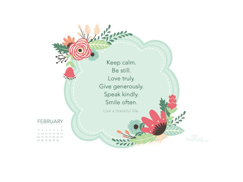 February calendar, pastel floral illustration, mint green scalloped frame, SD Desktop Wallpaper