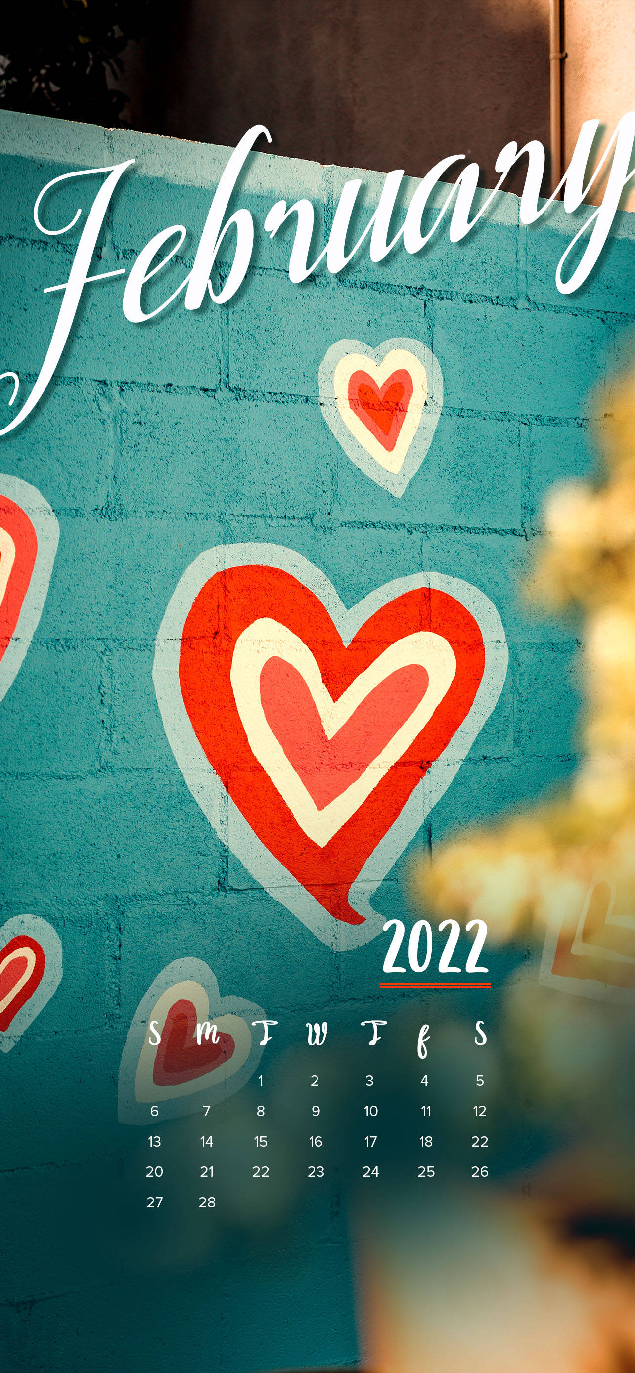 February 2022 calendar, red hearts, teal brick wall, 2K Phone Wallpaper