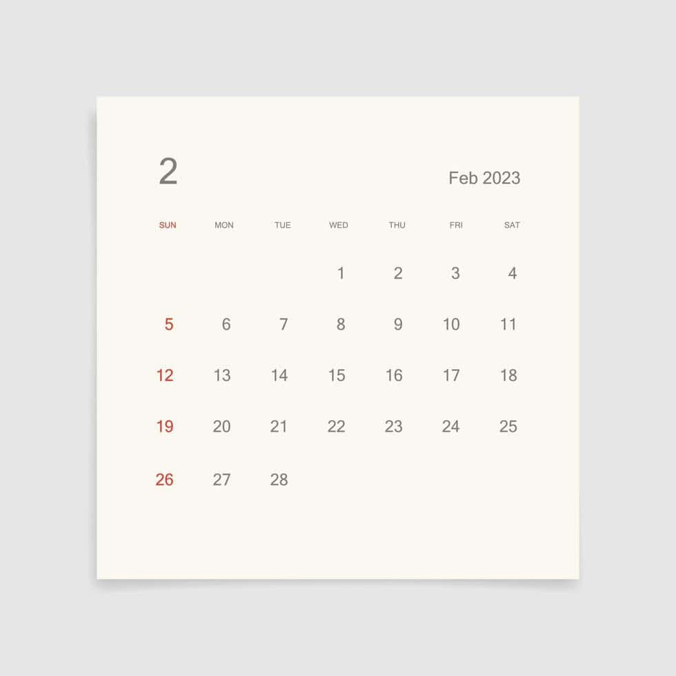 February 2023 calendar, red Sundays, cream paper, SD Desktop Wallpaper