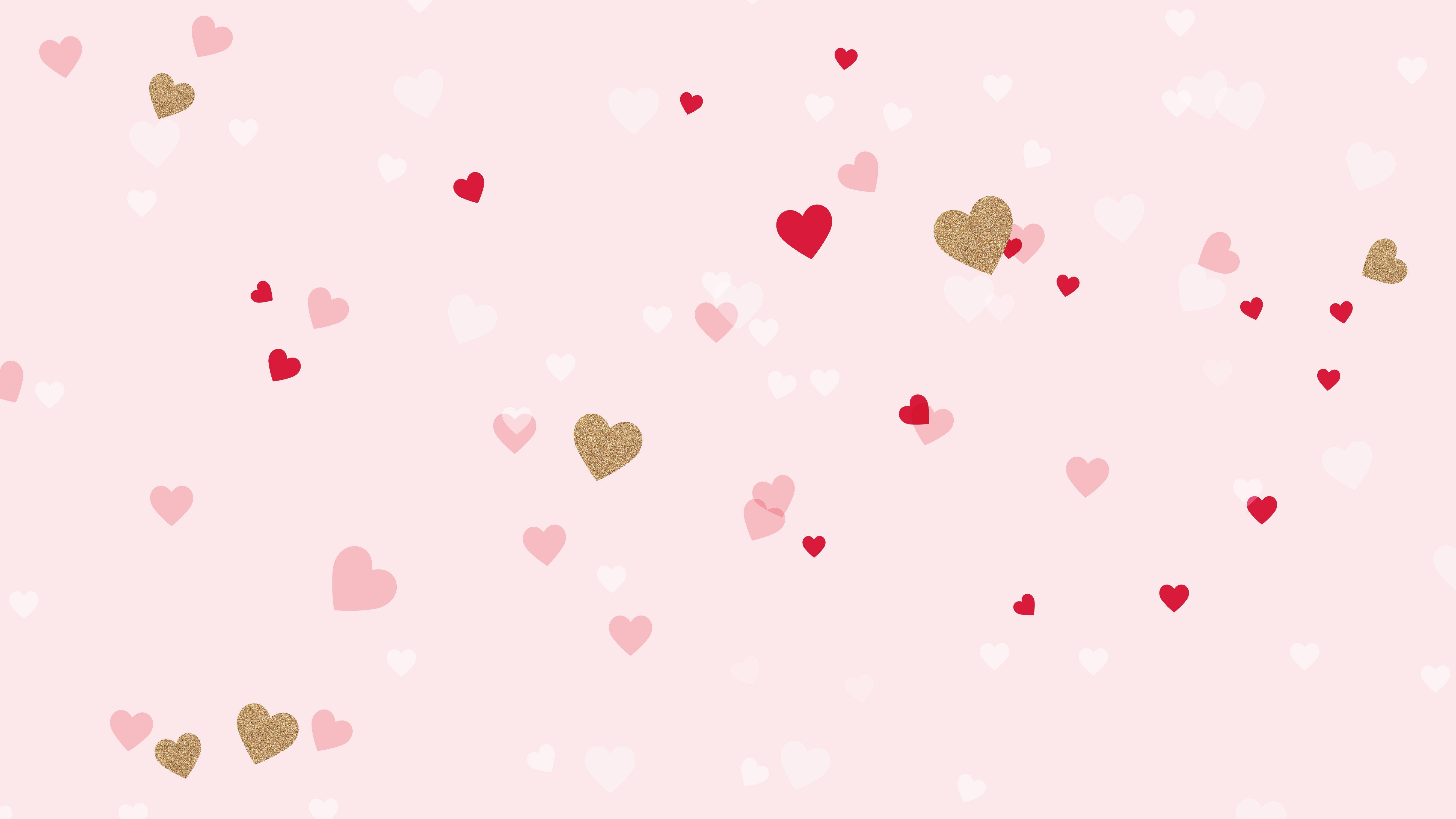 pink background, glittery red gold hearts, white hearts, 5K Desktop Wallpaper