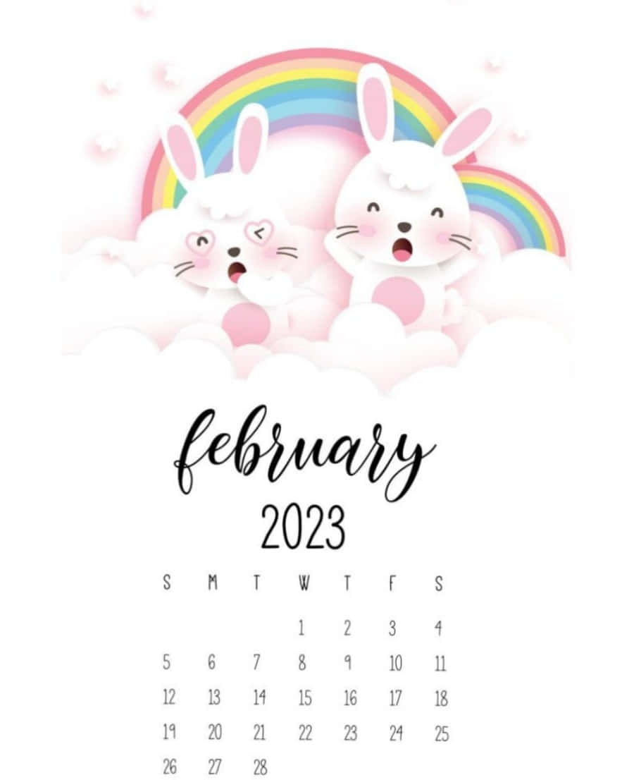February 2023 calendar, two bunny rabbits, pink cheeks, SD Phone Wallpaper