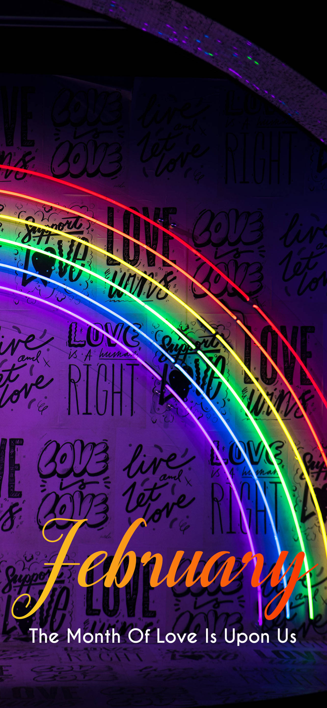 February, neon rainbow, golden script, 2K Phone Wallpaper