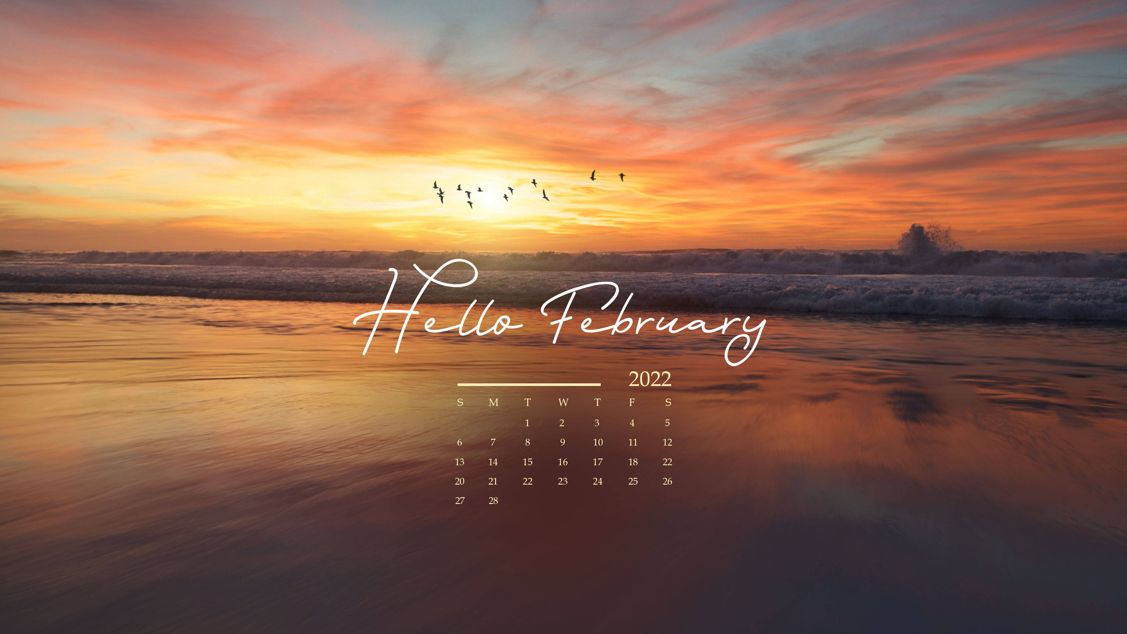 February 2022, beach sunset, waves crashing, 4K Desktop Wallpaper