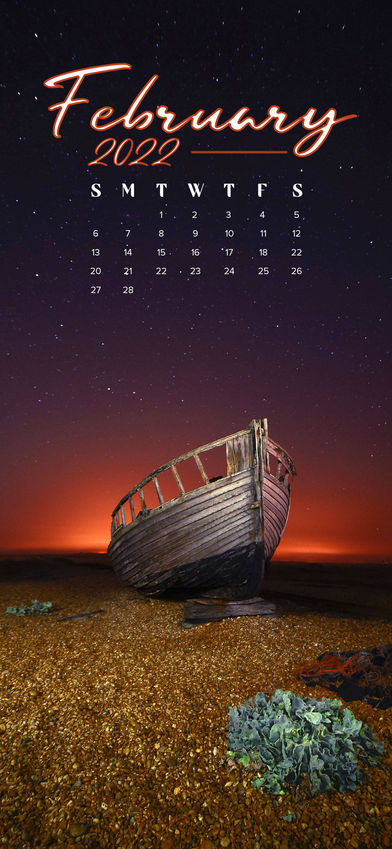 February 2022 calendar, beach shore, pebbled beach, 2K Phone Wallpaper