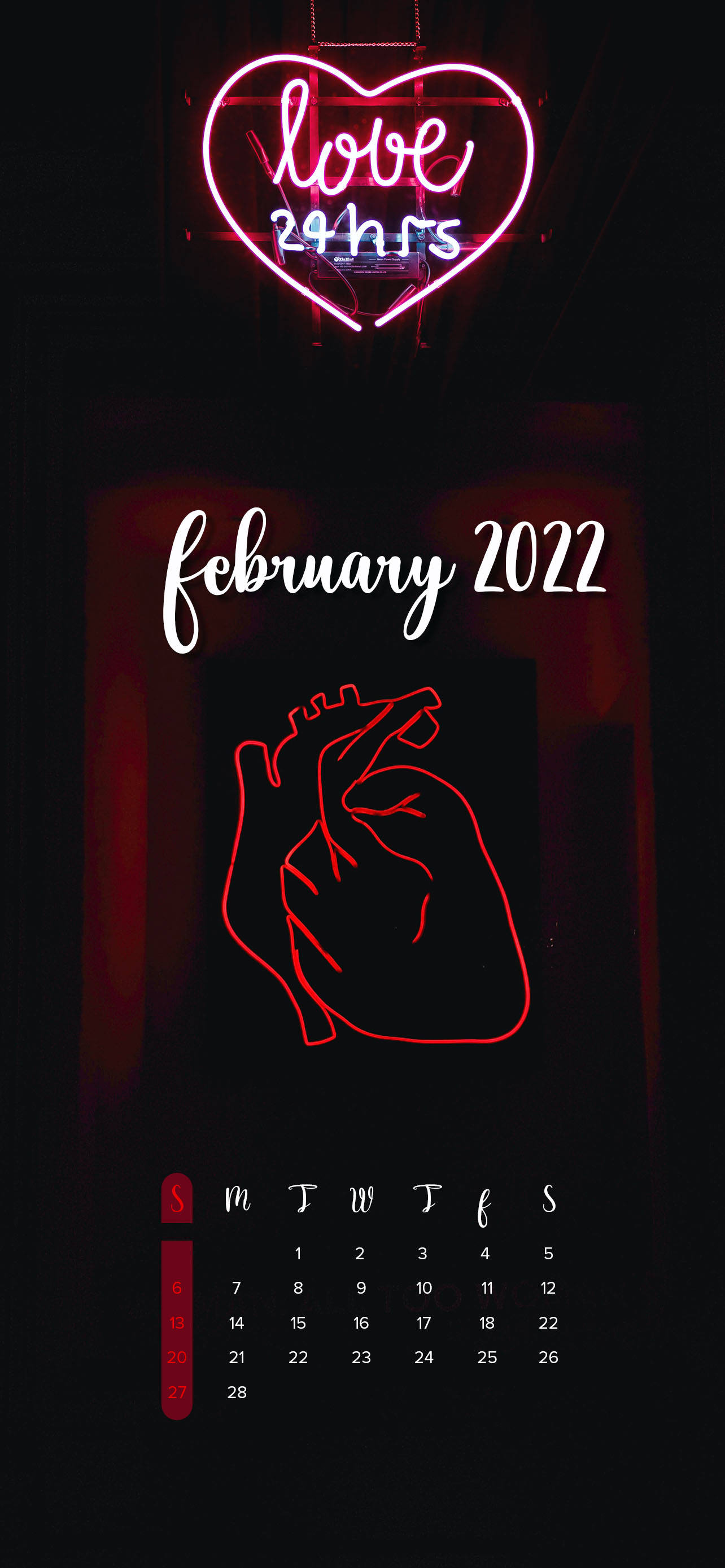 neon heart, love 24hrs, stylized anatomical heart outline, 2K Phone Wallpaper