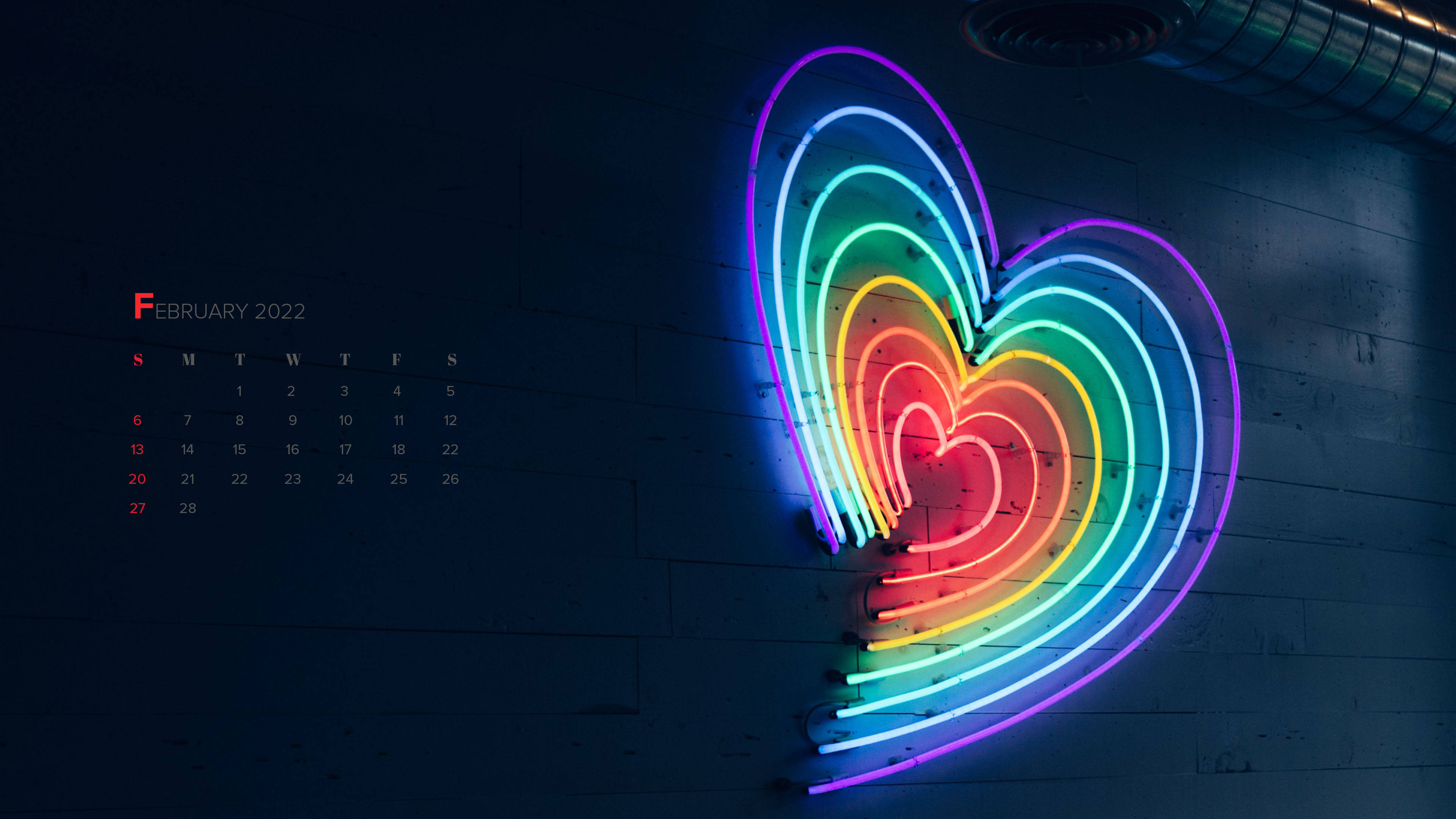 February 2022, dark neon heart, rainbow neon, 4K Desktop Wallpaper