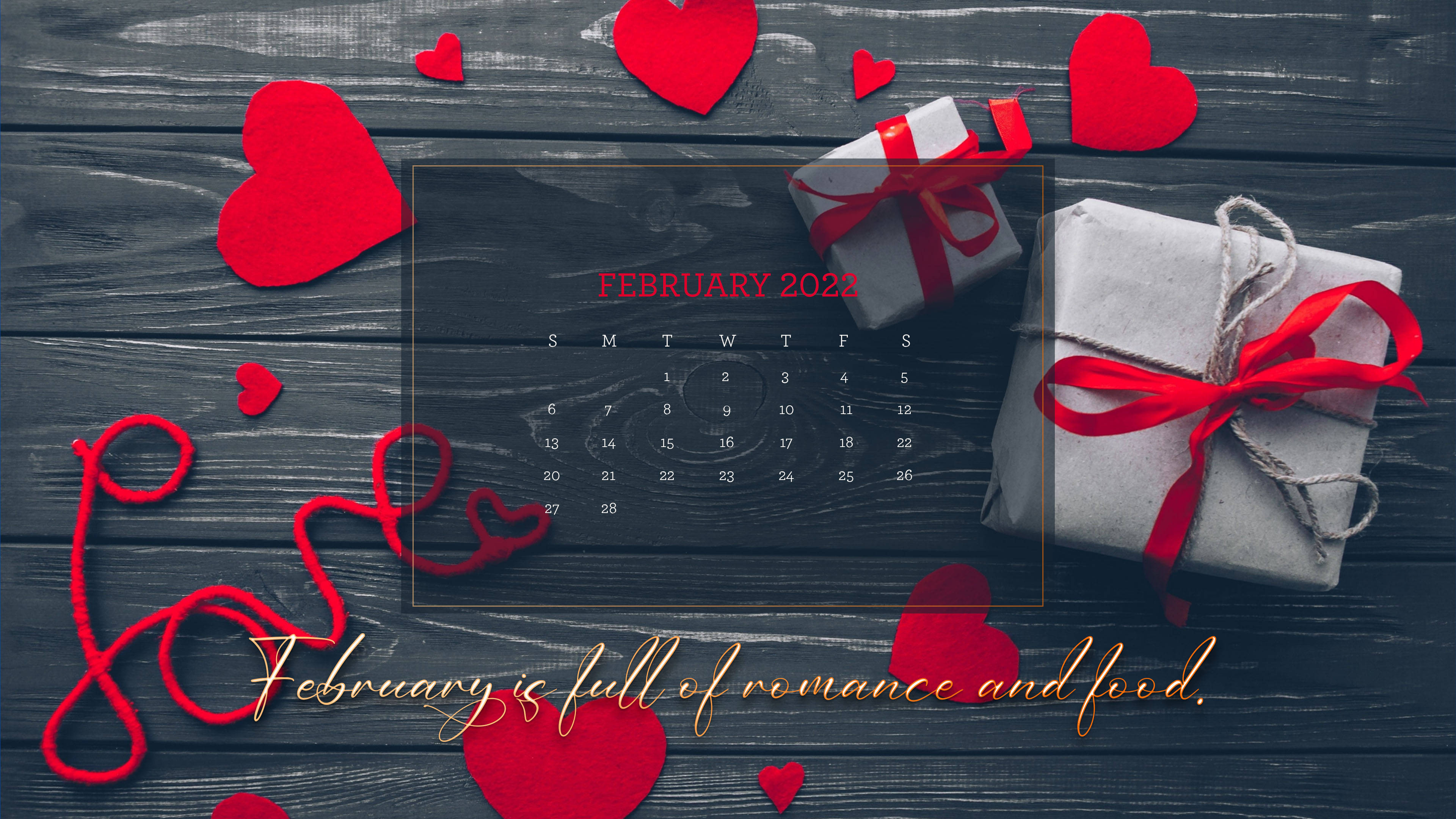 February 2022 calendar, dark wood, red hearts, 4K Desktop Wallpaper