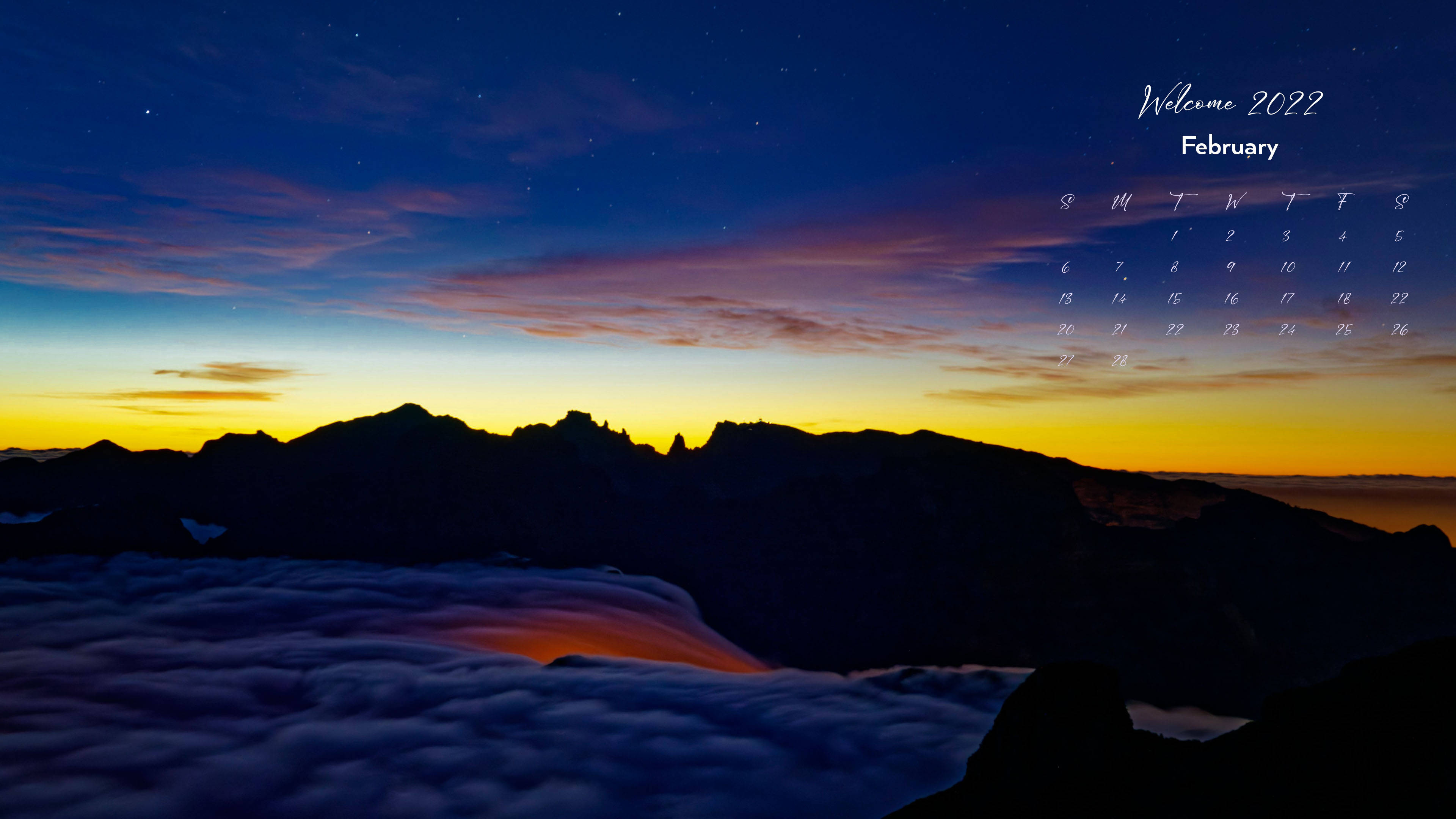 February 2022 Calendar, mountain silhouette, sea of clouds, 4K Desktop Wallpaper