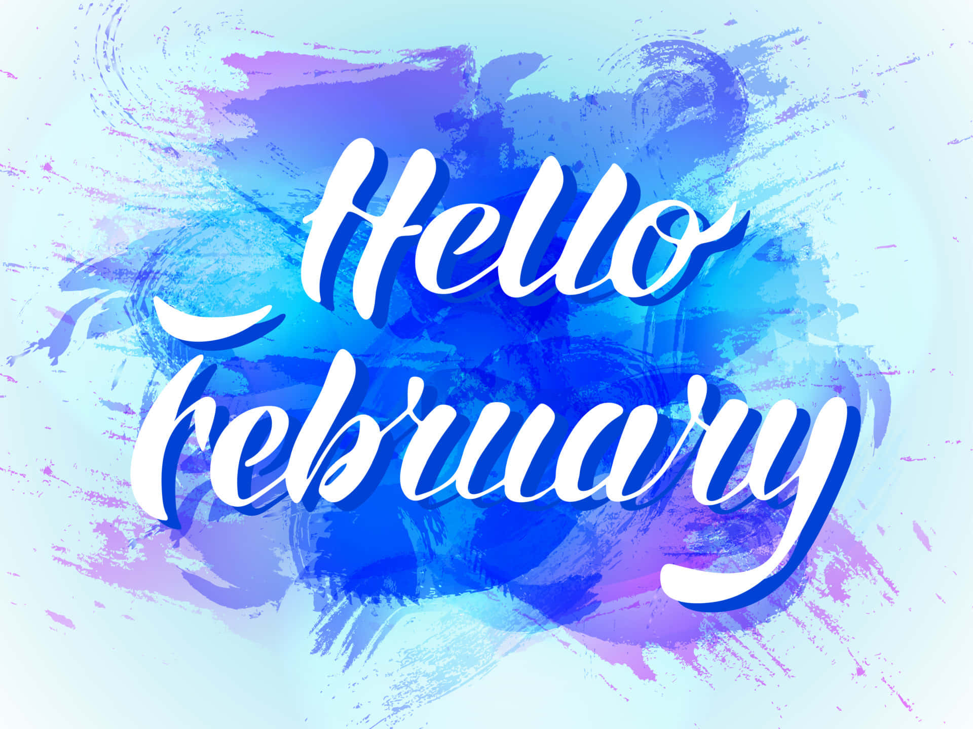 Hello February, vibrant blue, purple watercolor splash, Full HD Desktop Wallpaper