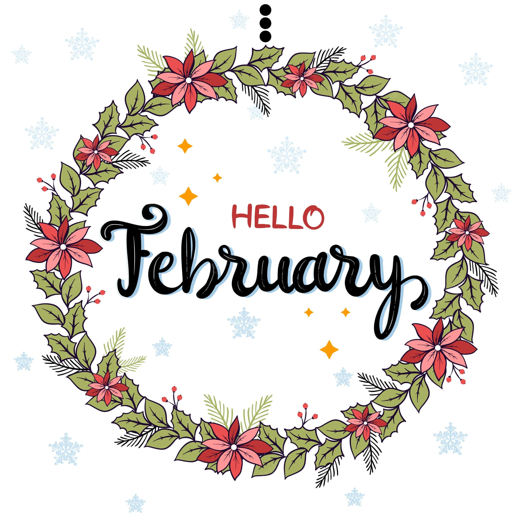 Hello February, red poinsettias, green holly, Full HD Desktop Wallpaper