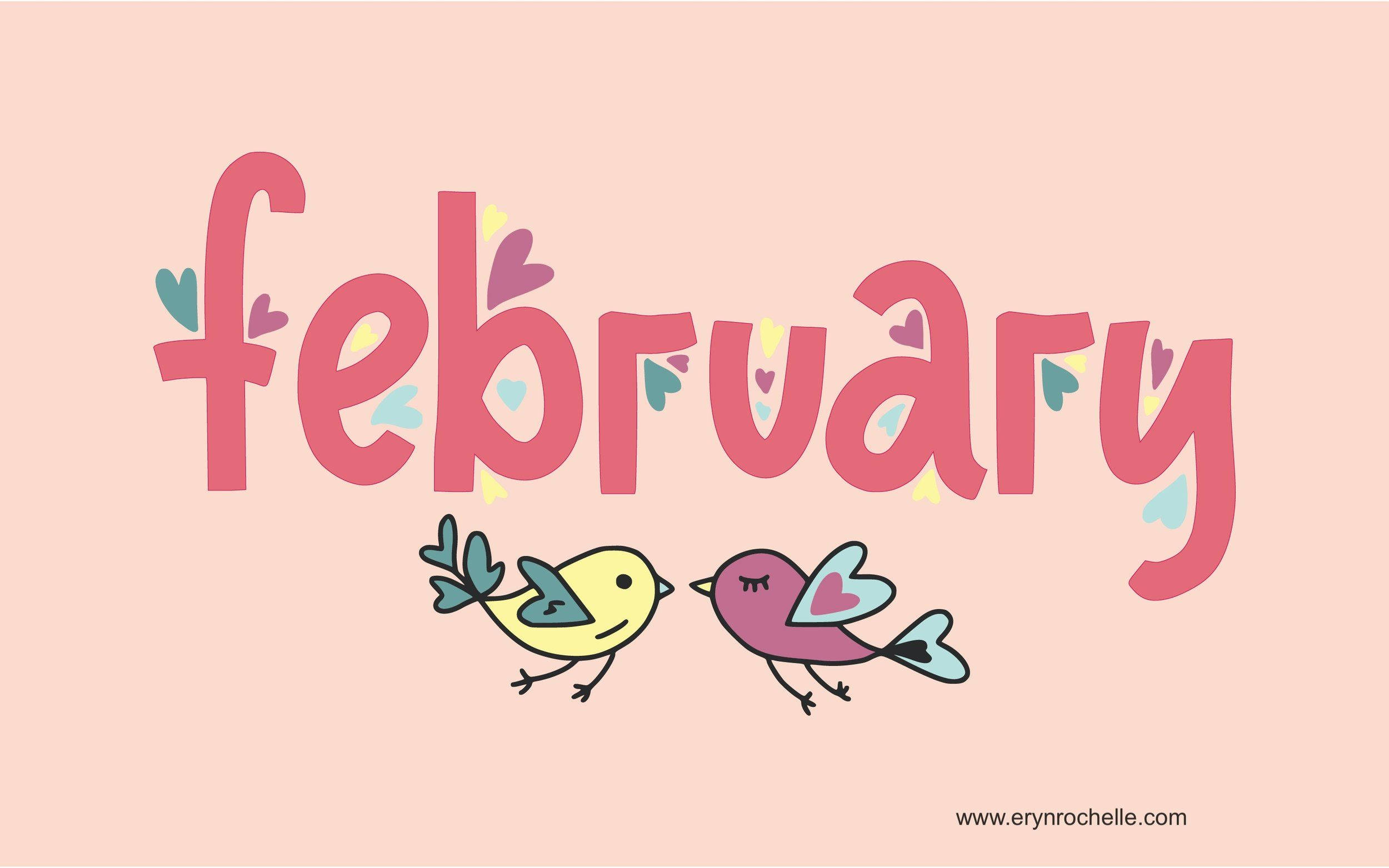 February, pink background, playful cartoon birds, Full HD Desktop Wallpaper