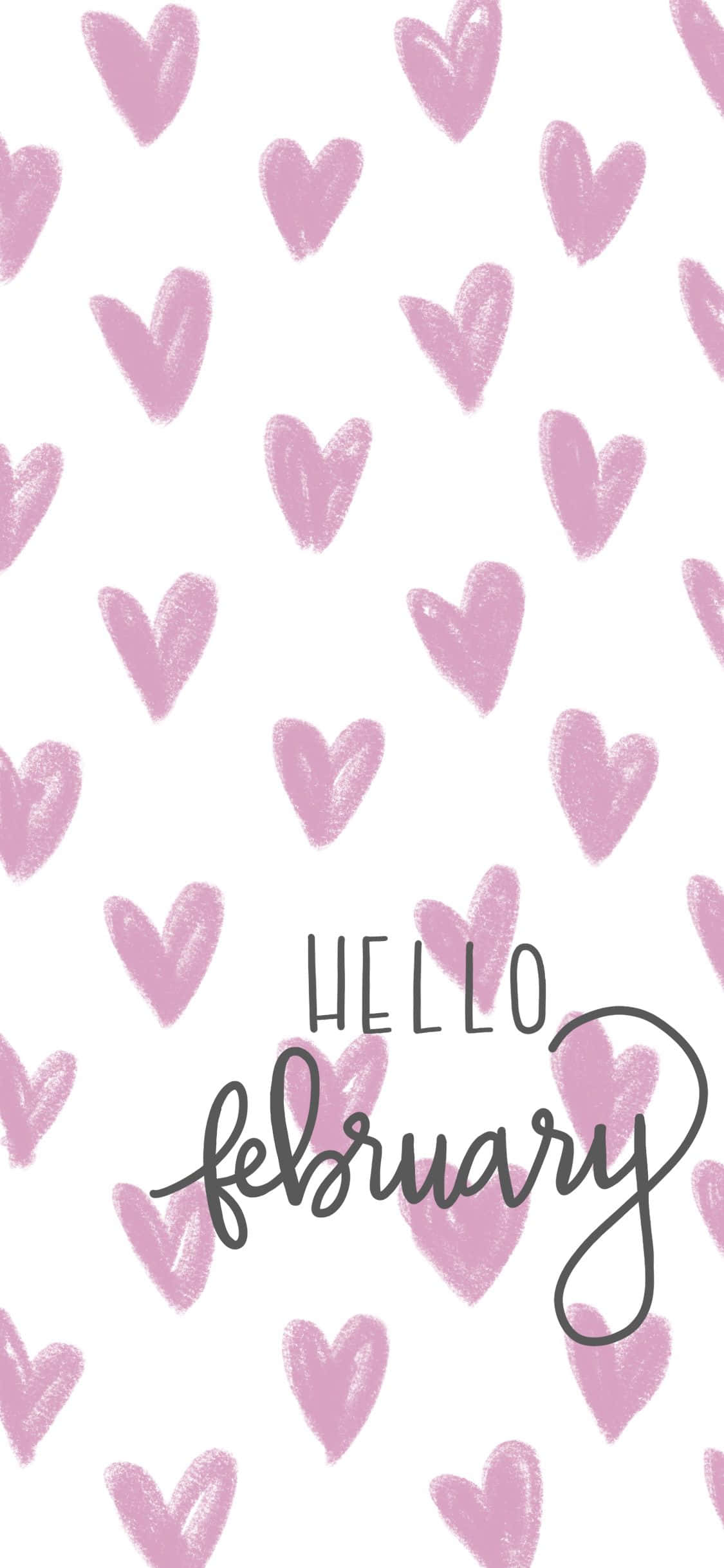 hello february, pink hand-drawn hearts, white background, Full HD Phone Wallpaper