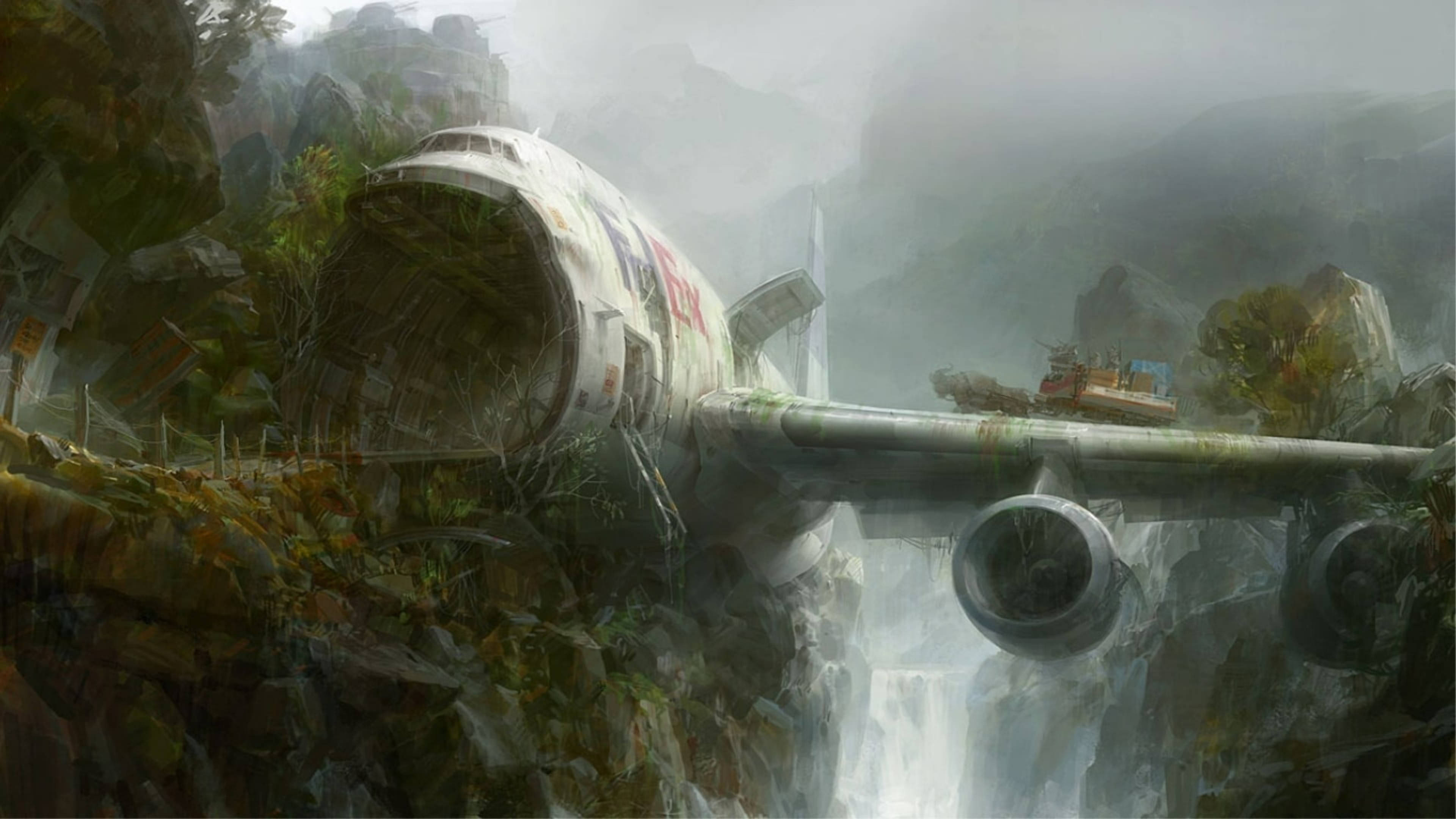 FedEx, dystopian digital painting art, rusted airplane fuselage, 4K Desktop Wallpaper