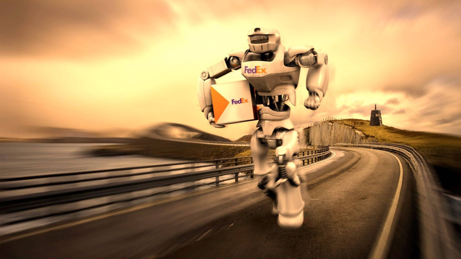 FedEx, humanoid robot, coastal road, Full HD Desktop Wallpaper