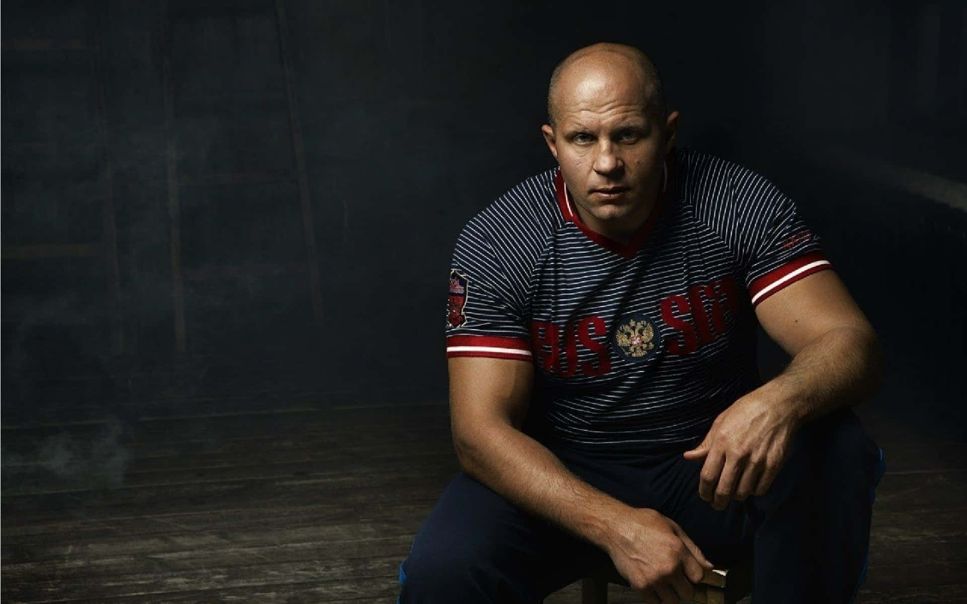 Fedor Emelianenko, striped Russian football jersey, dark smoky studio backdrop, Full HD Desktop Wallpaper