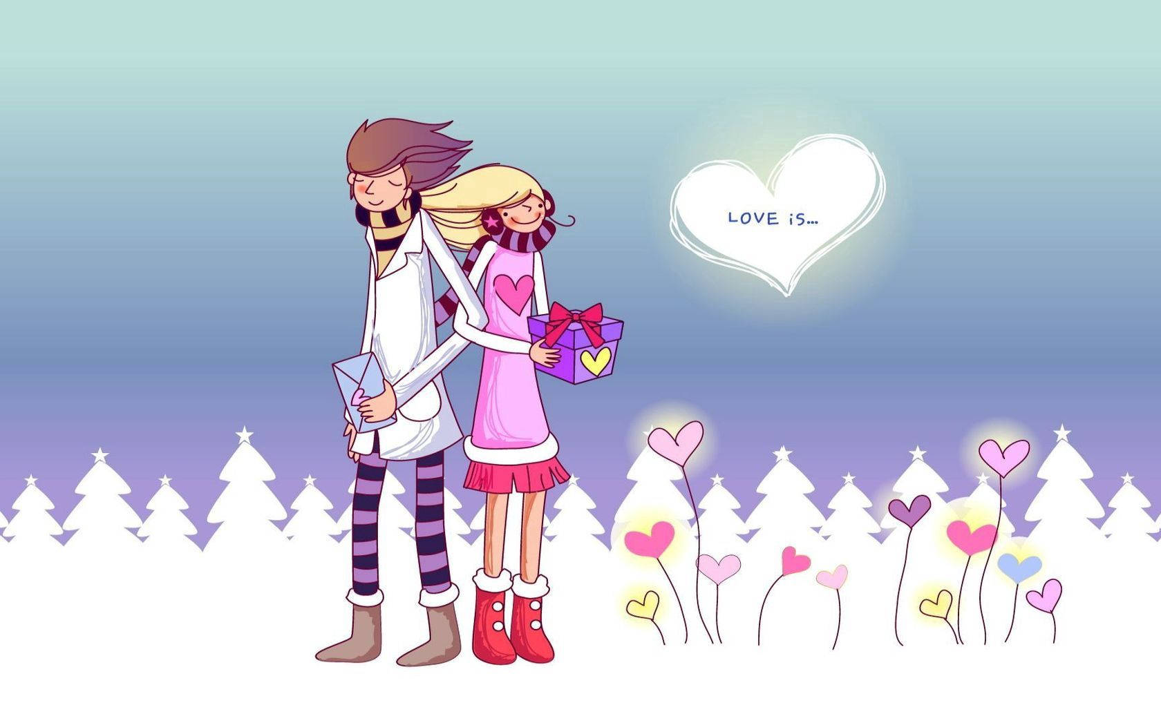 Love Gift Feels, cartoon couple, snowy field, HD Desktop Wallpaper