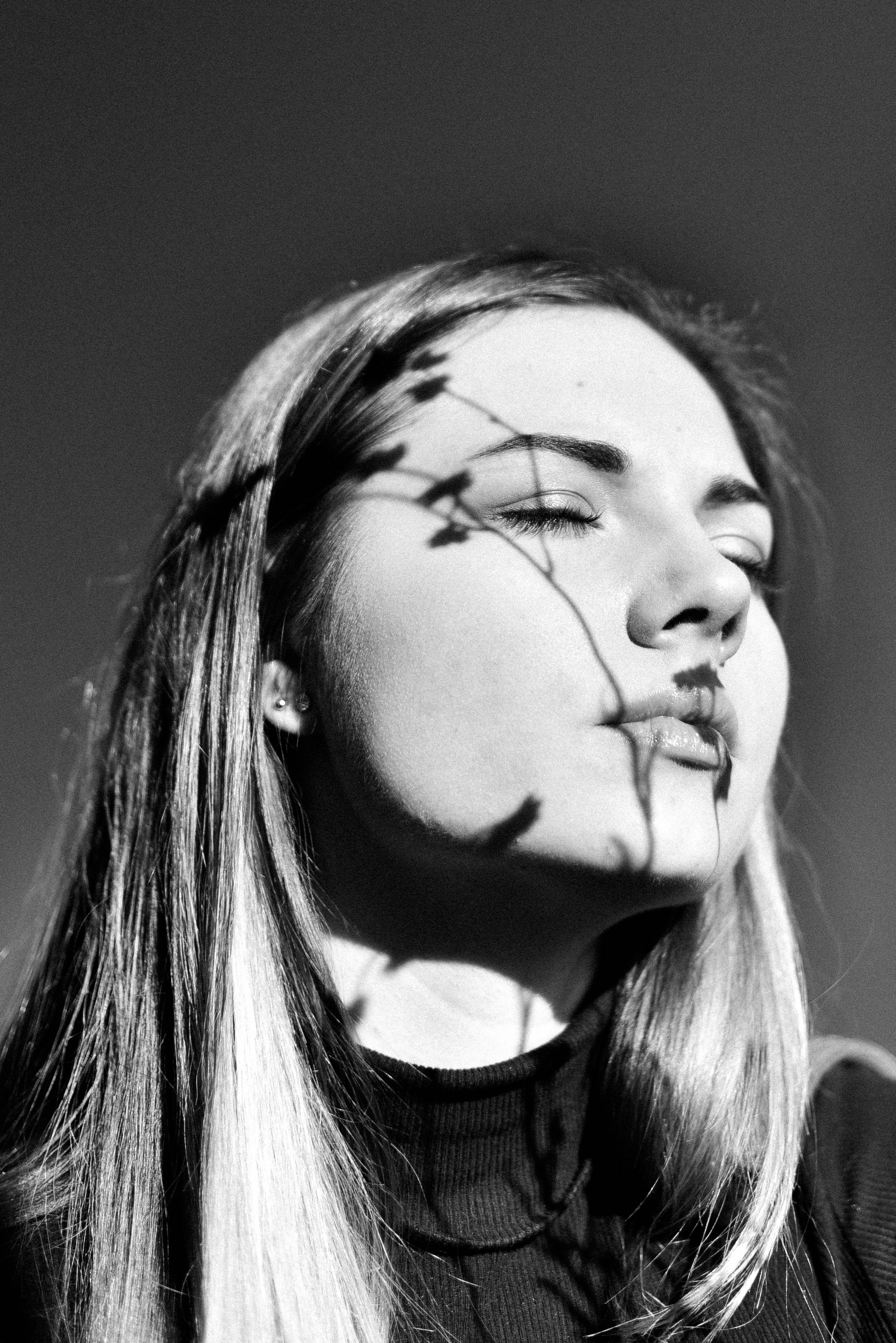 woman, black and white portrait, eyes closed, 4K Phone Wallpaper