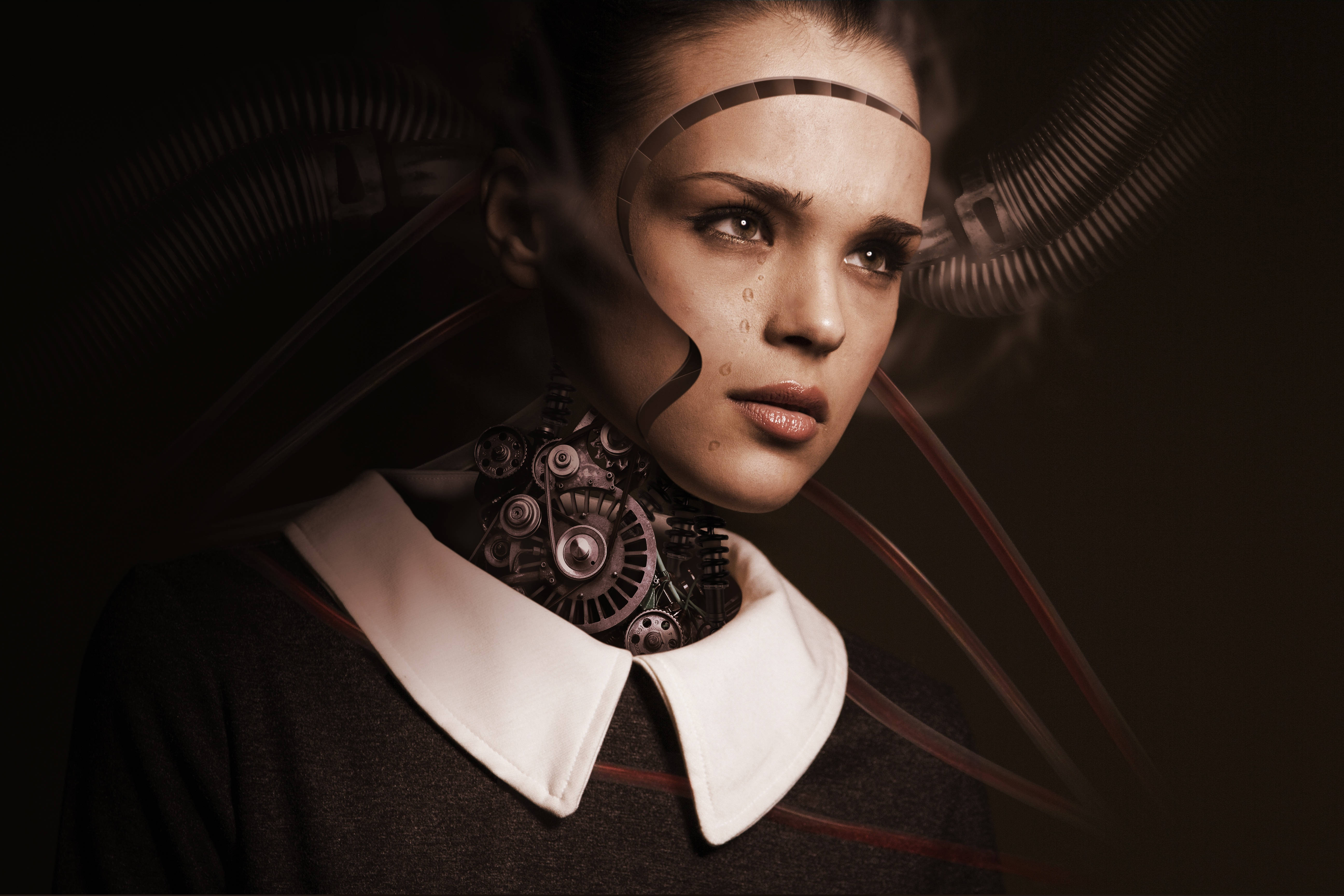 crying cyborg, mechanical gears, pipes, 5K Desktop Wallpaper
