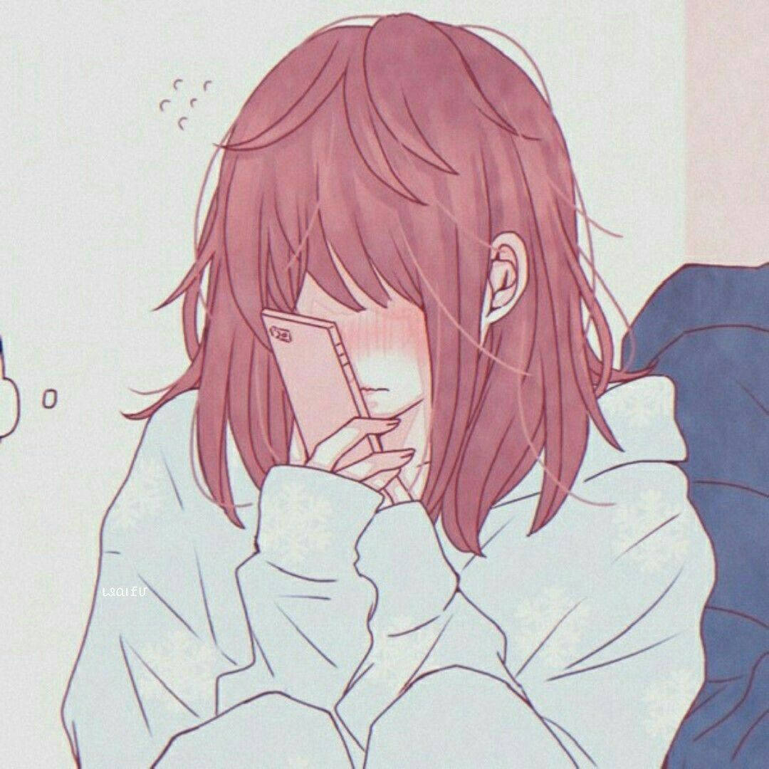 pink-haired anime girl, white hoodie, phone, SD Desktop Wallpaper