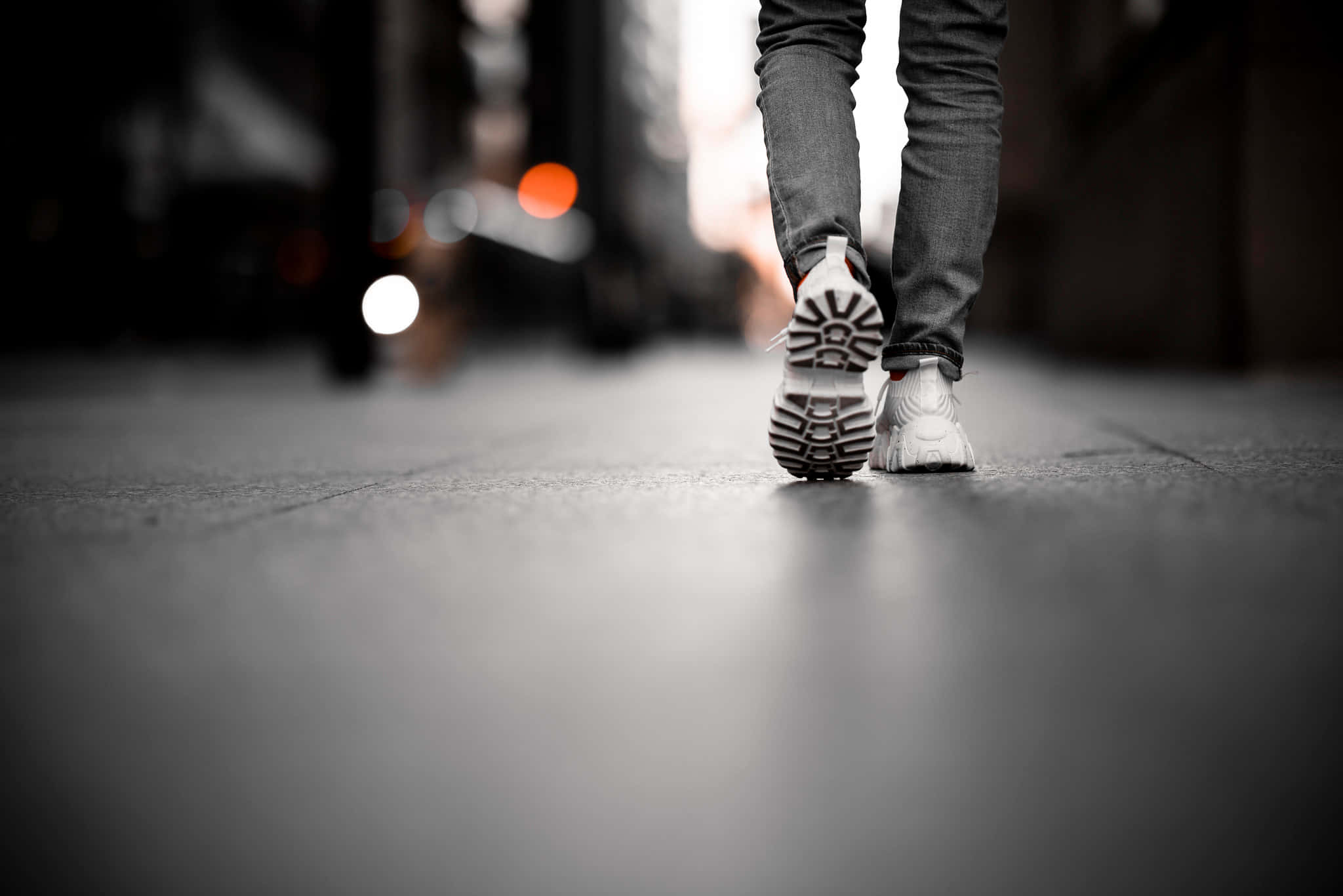 male feet, white sneakers, blurred city street, Full HD Desktop Wallpaper