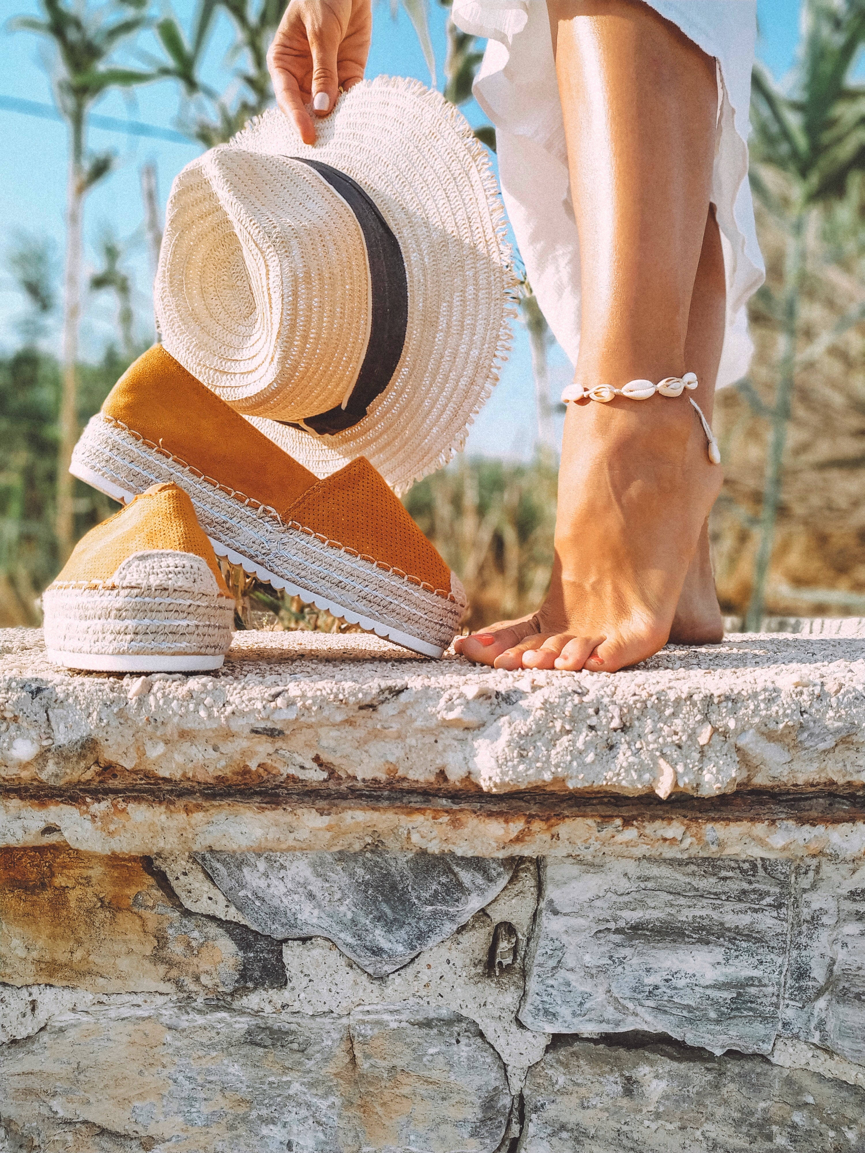 bare foot, stone wall, straw hat, 4K Phone Wallpaper