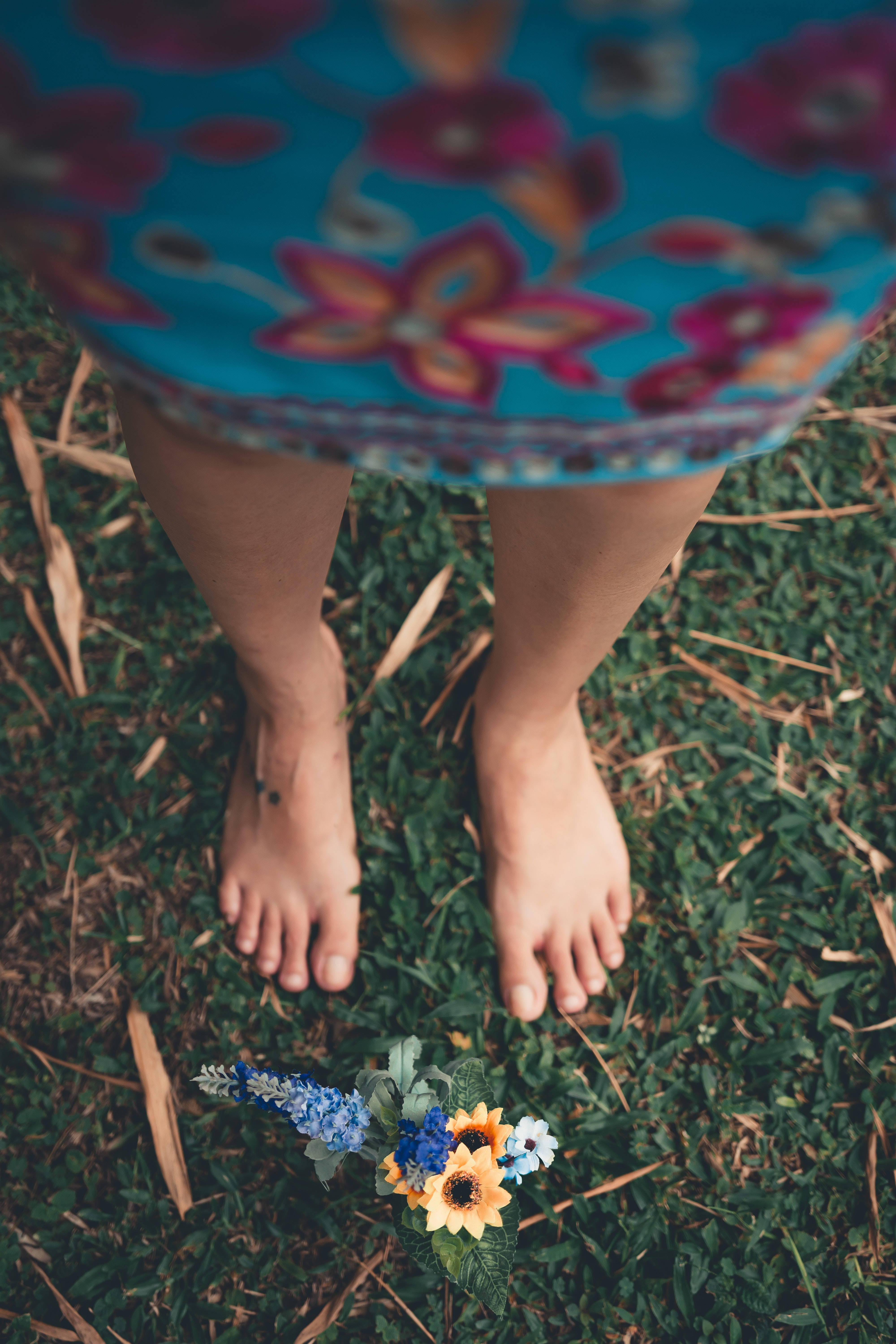 Feet, color flowers, grass, 5K Phone Wallpaper