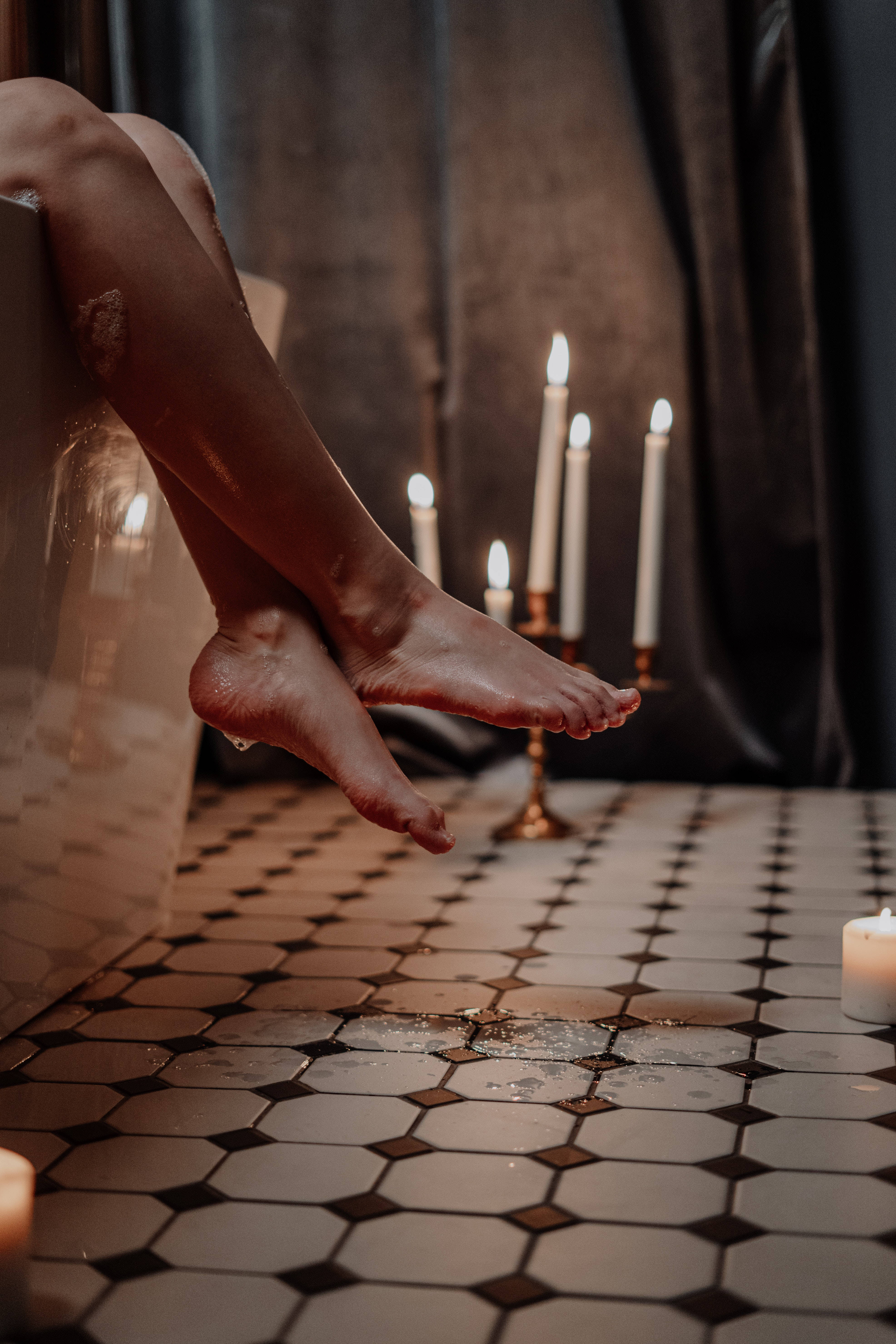 bathtub, candlelight, hexagonal tiled floor, 5K Phone Wallpaper