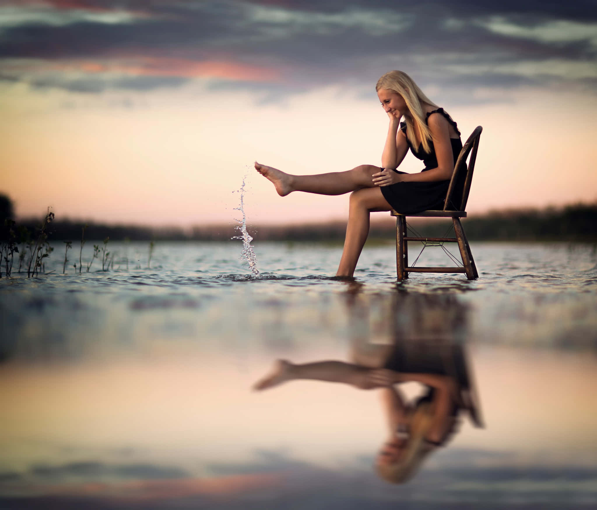 blonde woman, black dress, chair partially submerged in water, Full HD Desktop Wallpaper