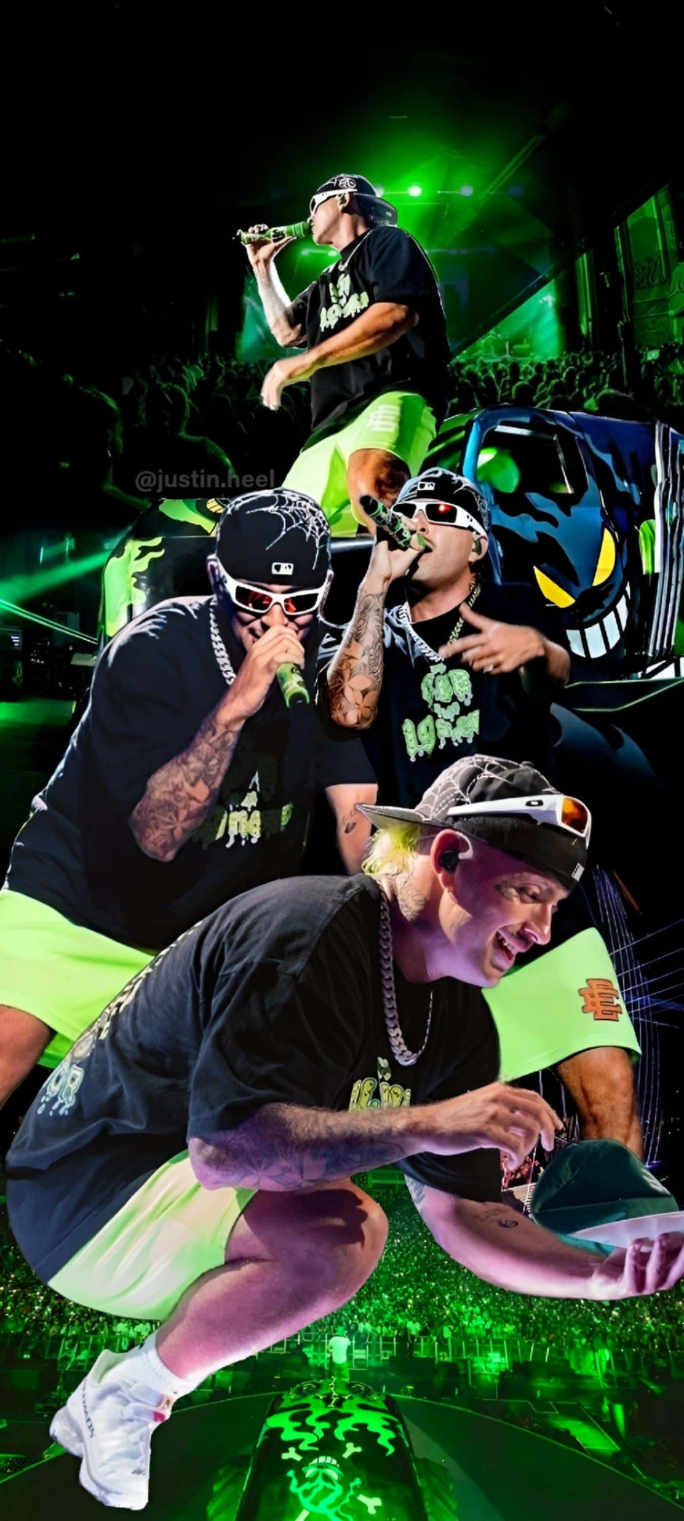 Feid, black shirts, neon green shorts, 2K Phone Wallpaper