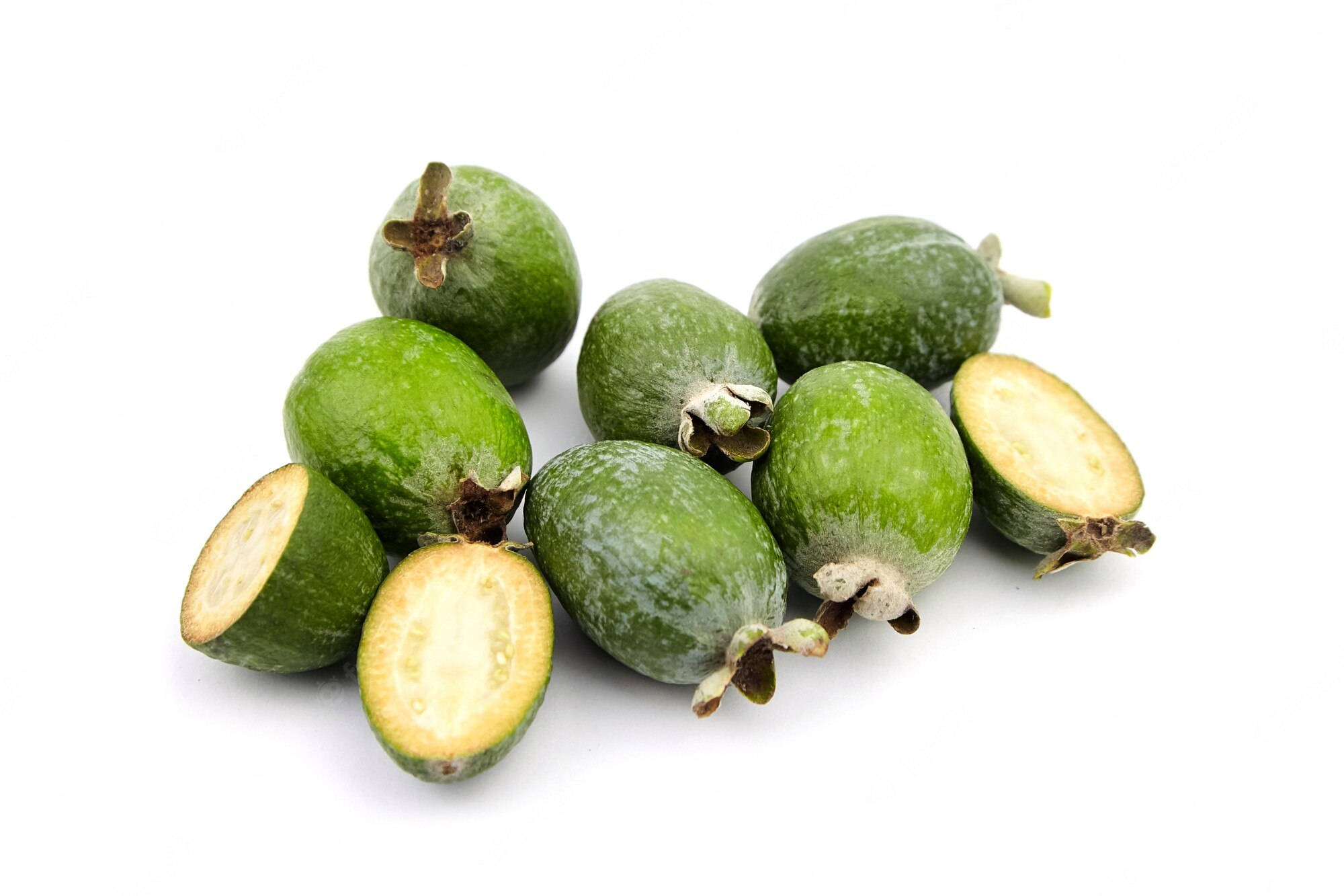 feijoa, pale yellow flesh, stark white background, Full HD Desktop Wallpaper