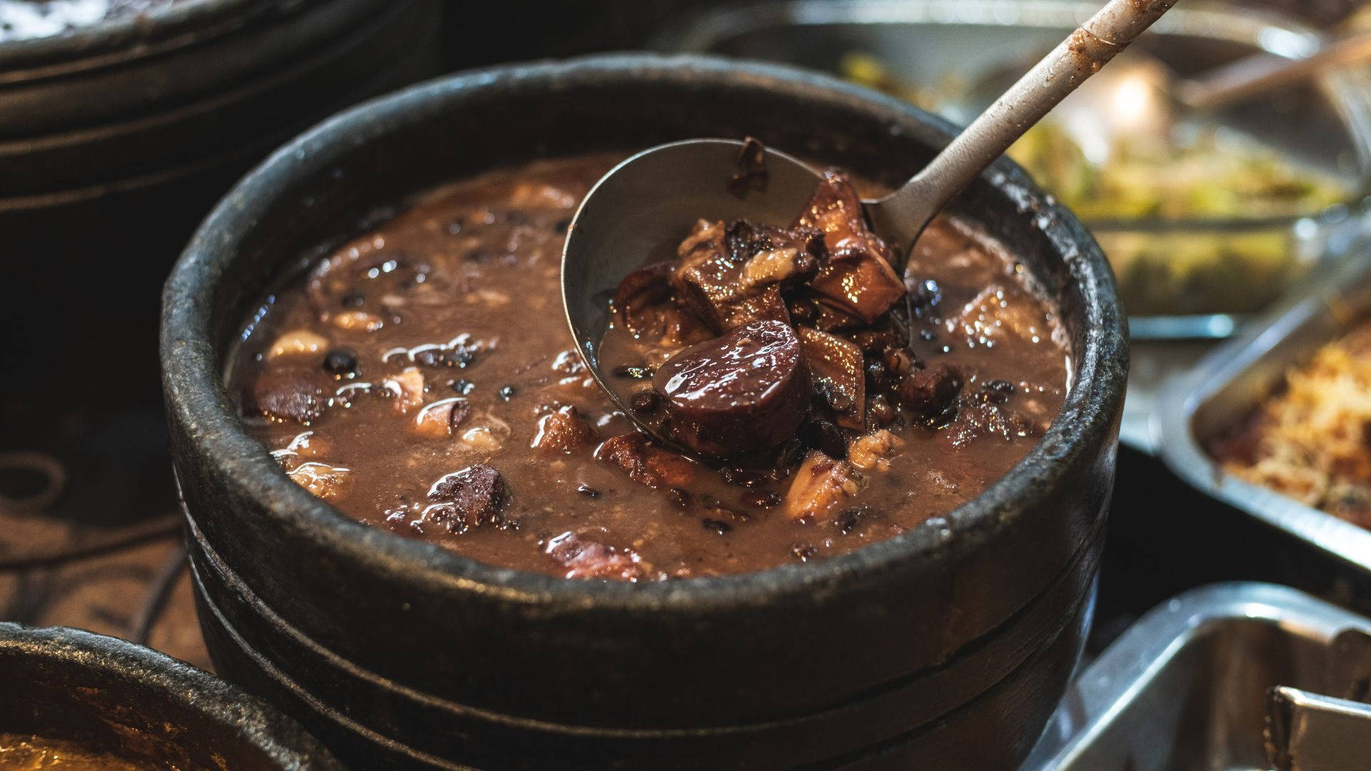 Feijoada, crispy farofa topping, rustic clay pot, Full HD Desktop Wallpaper