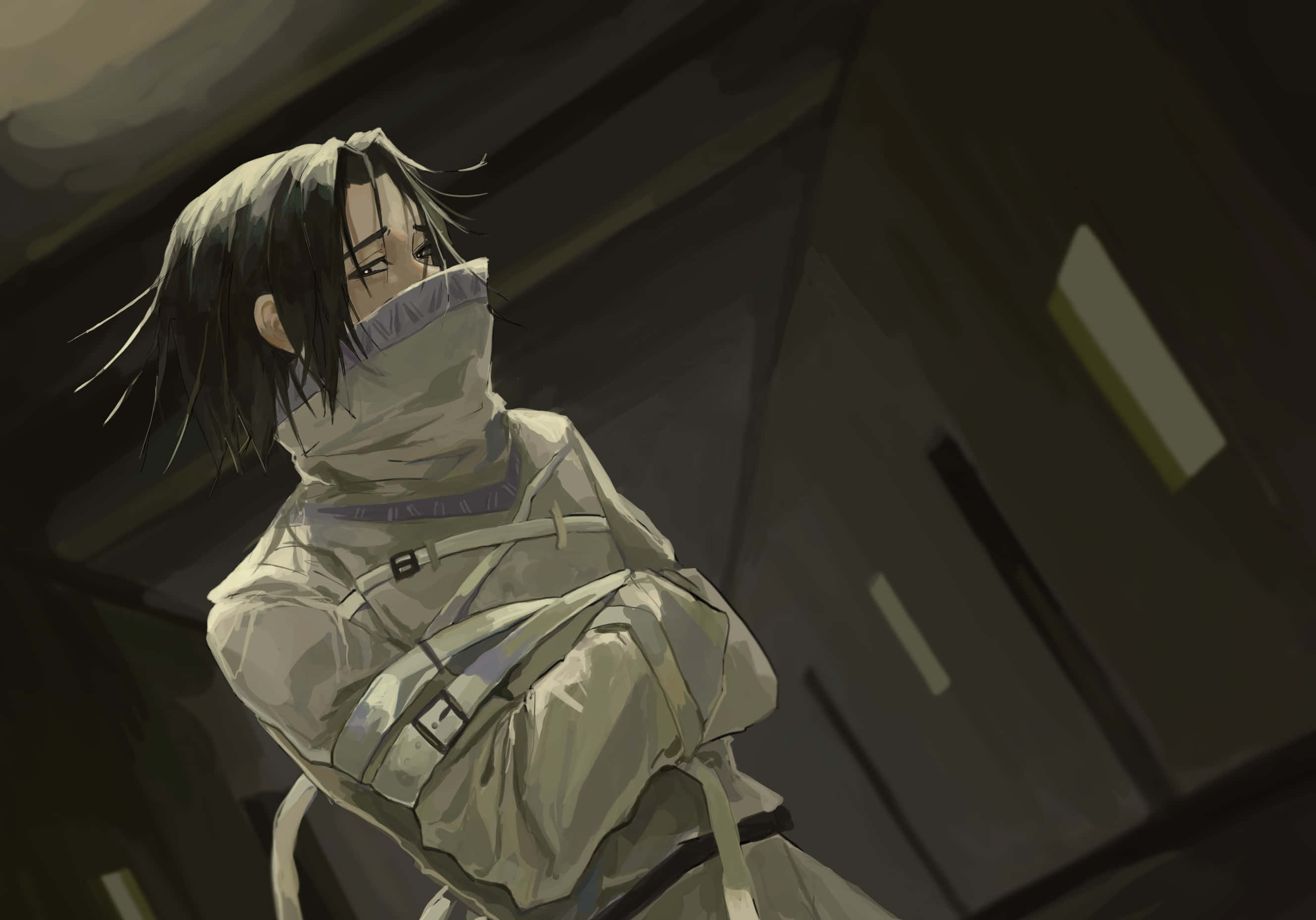 Feitan, high-collared coat, dimly lit corridor, 2K Desktop Wallpaper