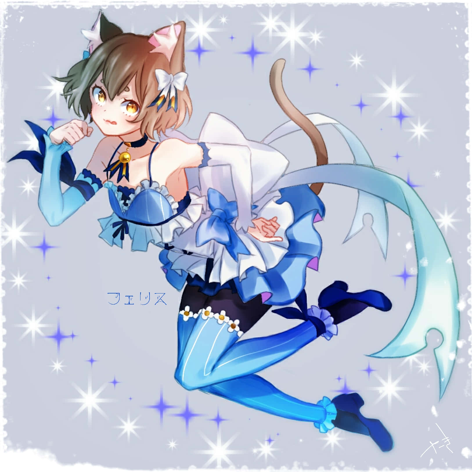 Felix Argyle, anime cat girl, blue and white frilly outfit, HD Desktop Wallpaper