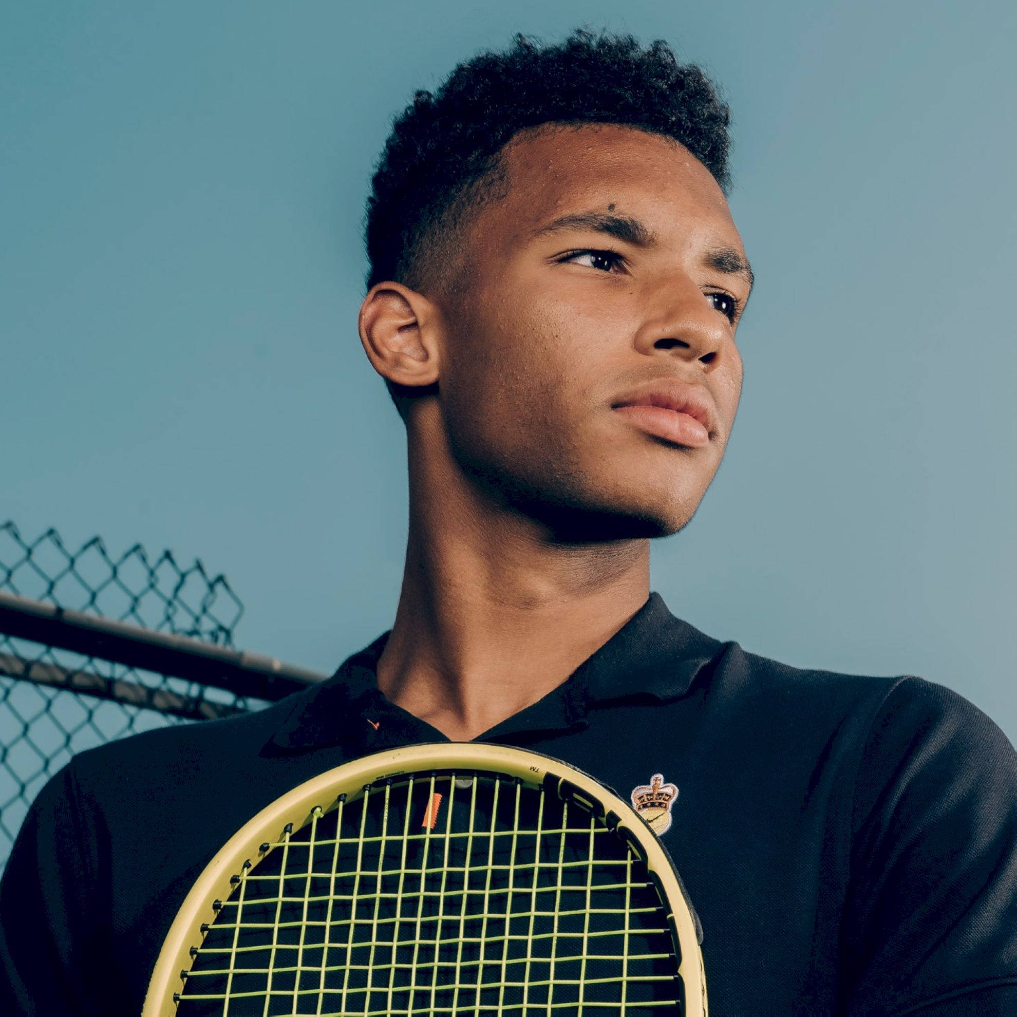 Felix Auger-Aliassime, black polo, yellow racket, Full HD Desktop Wallpaper
