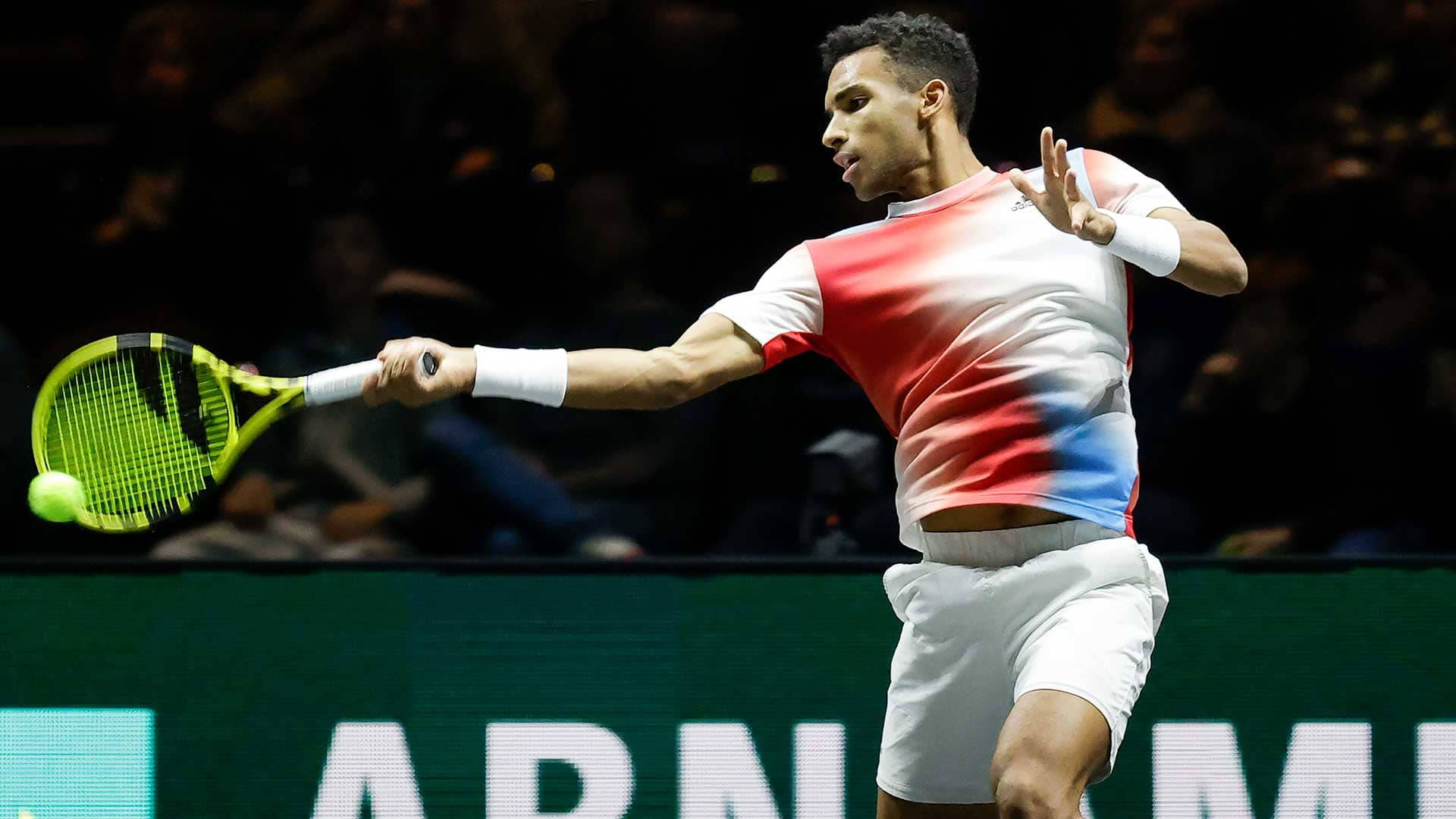 Felix Auger Aliassime, right forehand stroke, red white and blue shirt, Full HD Desktop Wallpaper