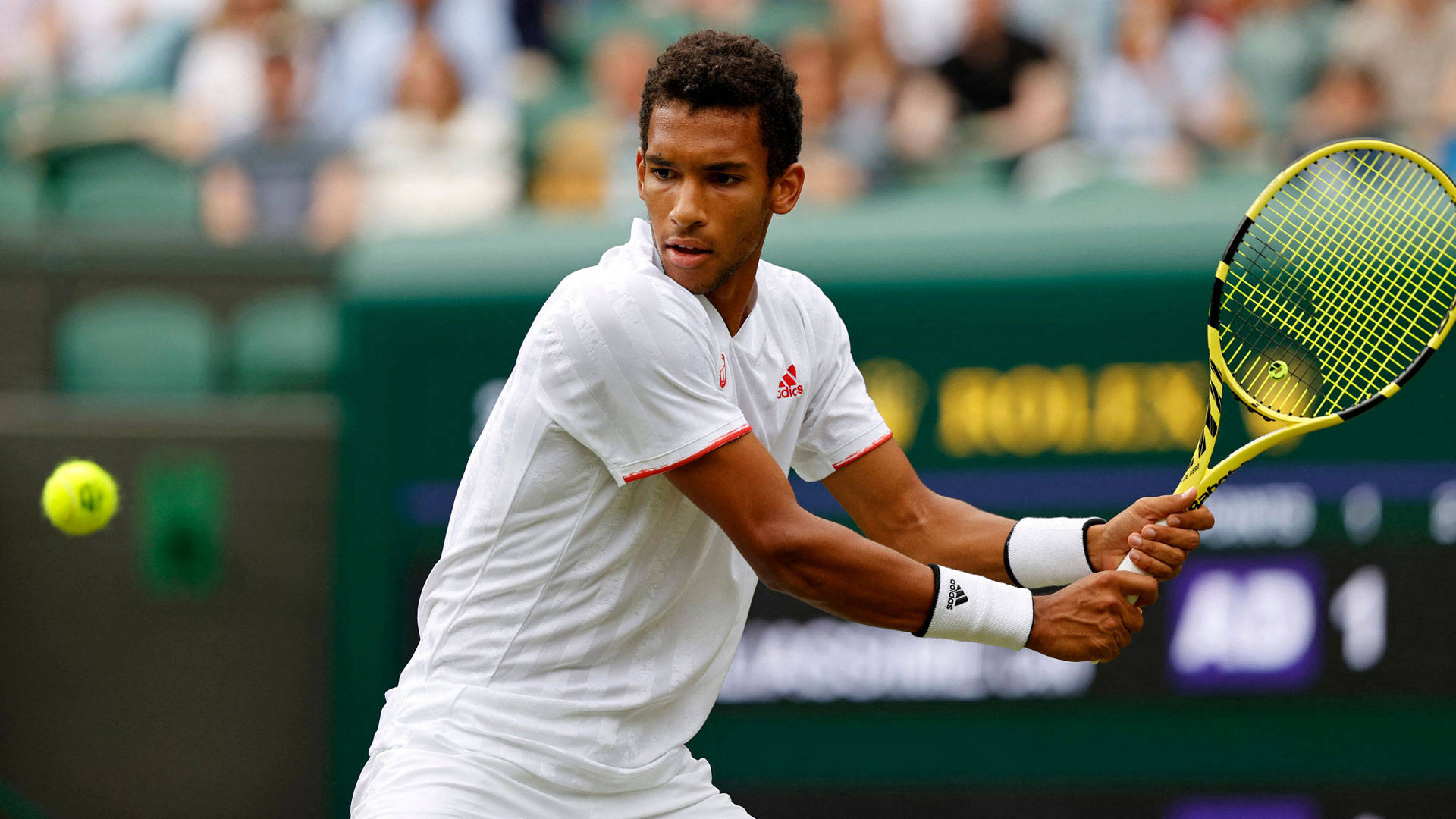Felix Auger-Aliassime, yellow racket, bright yellow ball, Full HD Desktop Wallpaper