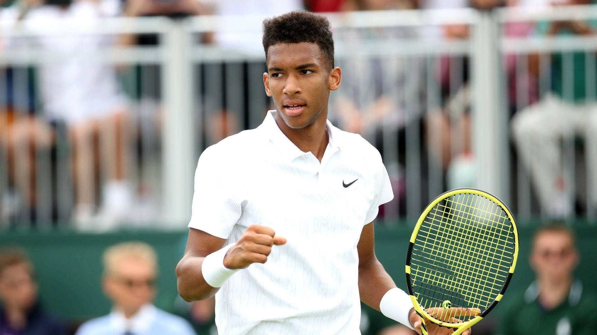 Felix Auger Aliassime, white Nike shirt, grass court, Full HD Desktop Wallpaper