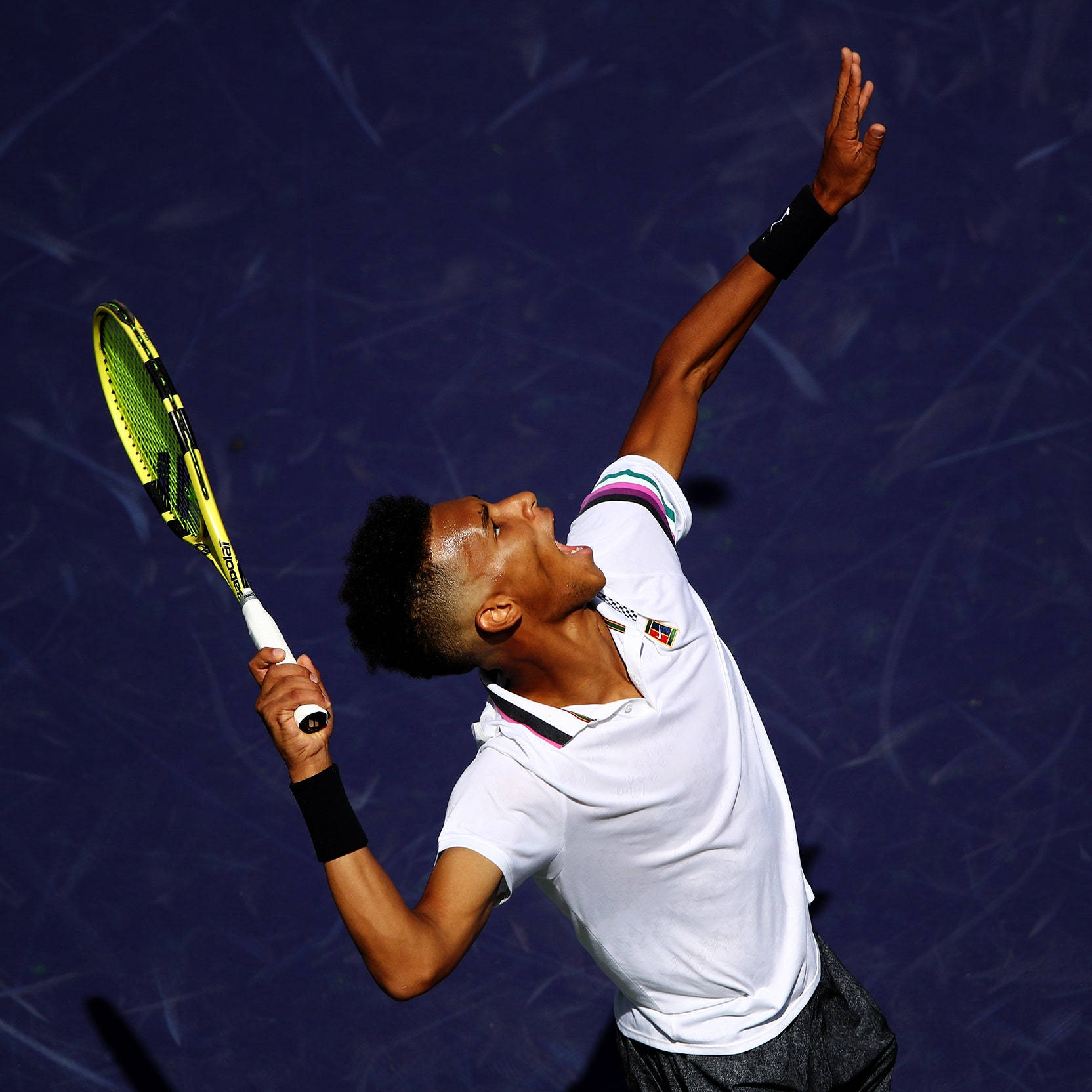 Felix Auger Aliassime, yellow racket, dark blue court, HD Desktop Wallpaper