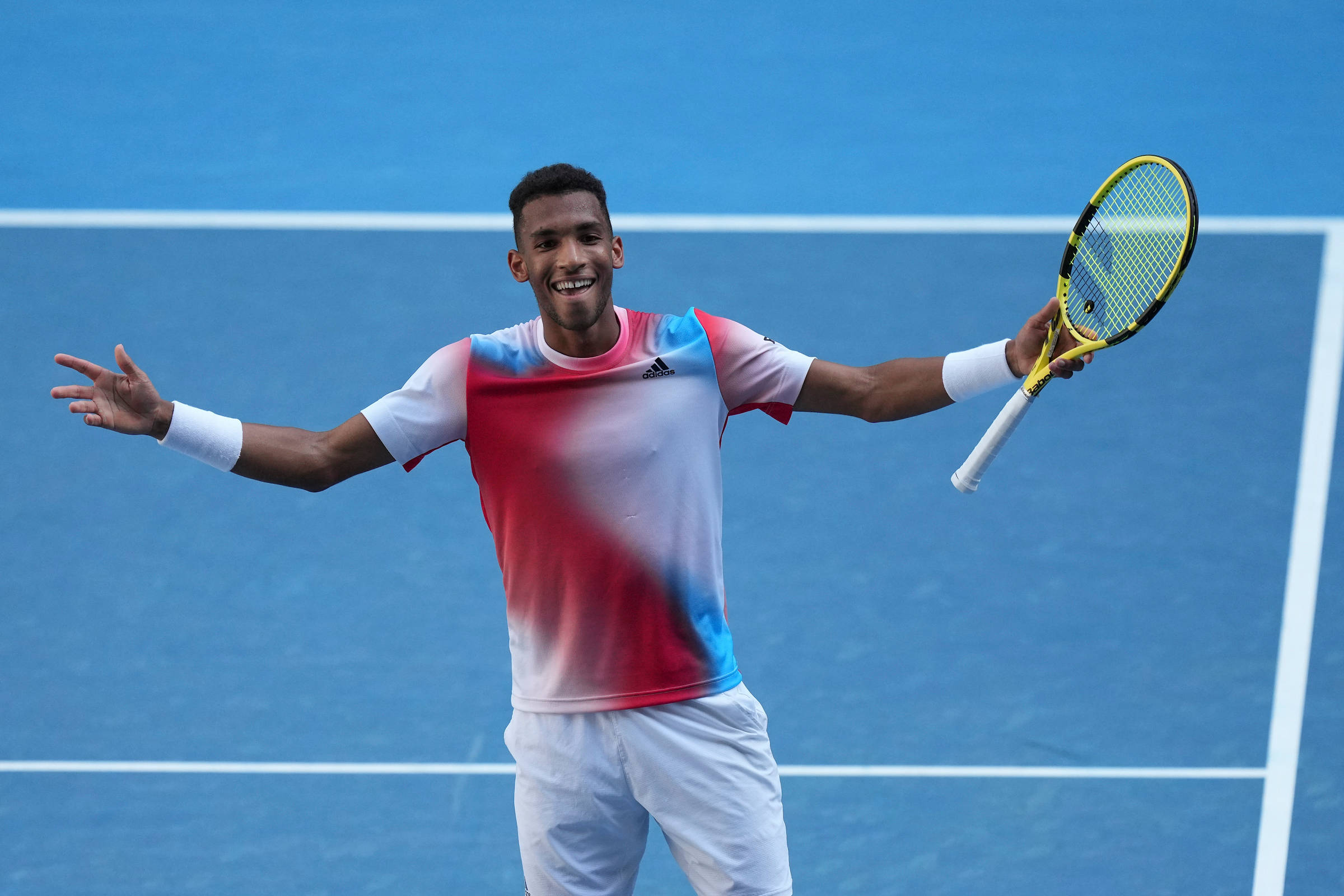 Felix Auger Aliassime, vibrant blue court, tennis player, Full HD Desktop Wallpaper