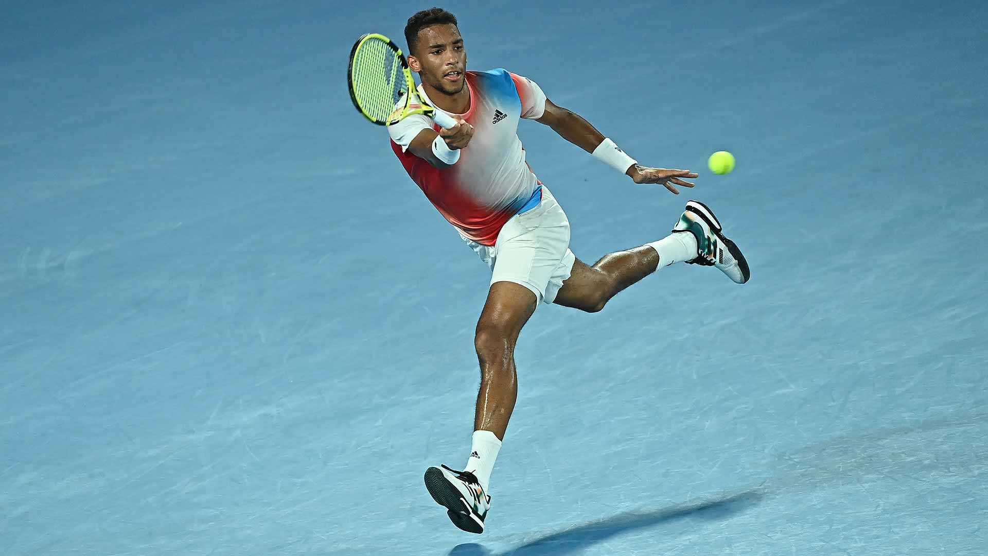 Felix Auger Aliassime, blue court, forehand swing, Full HD Desktop Wallpaper