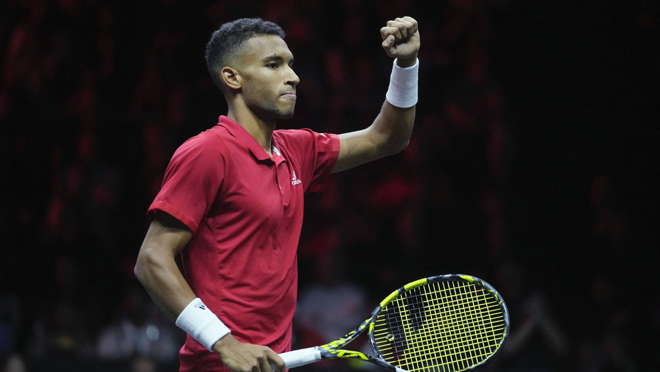 Felix Auger-Aliassime, red shirt, yellow and black racket, Full HD Desktop Wallpaper