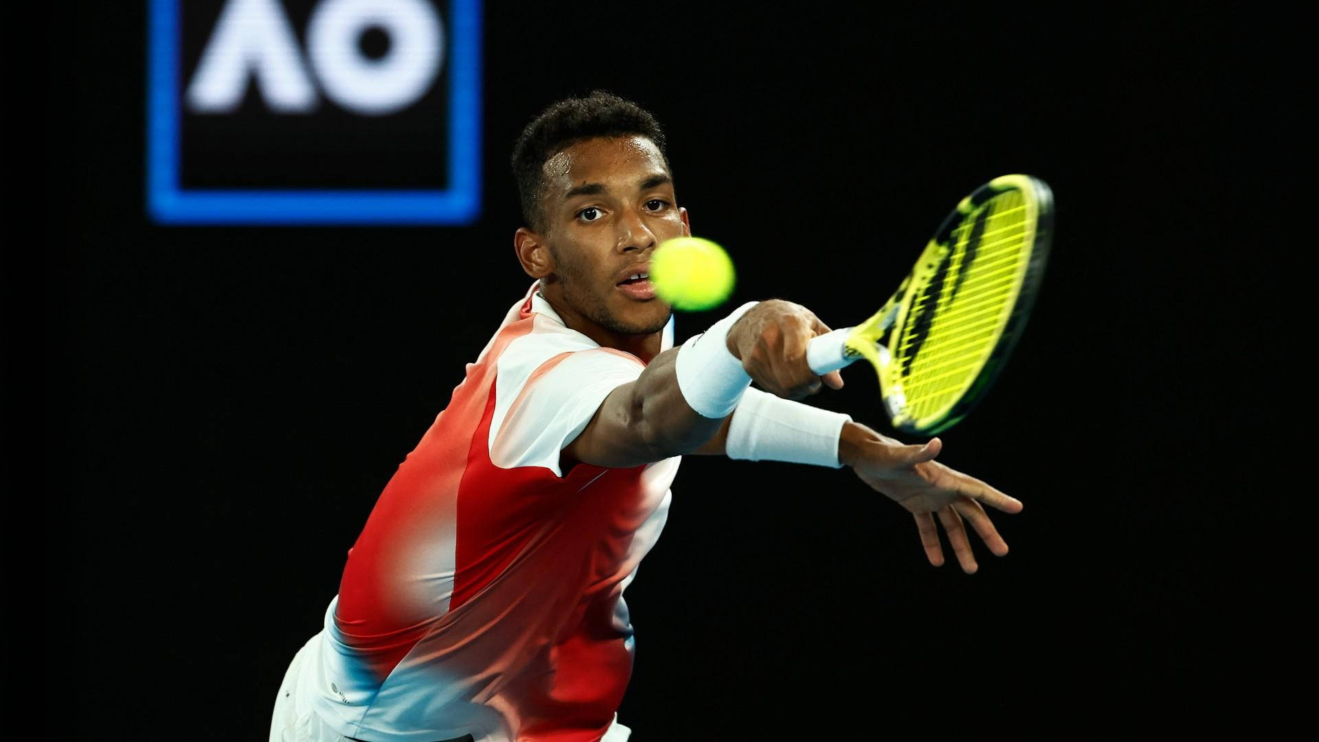 Felix Auger Aliassime, red and white gear, yellow racket, Full HD Desktop Wallpaper