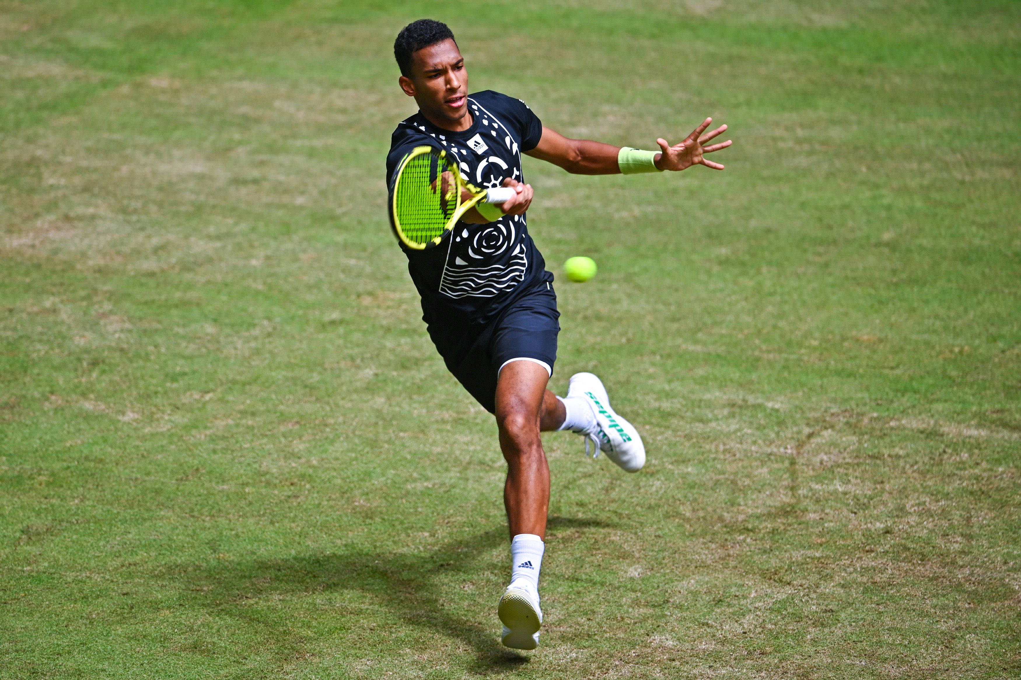 Felix Auger Aliassime, grass court, bright yellow ball, 2K Desktop Wallpaper